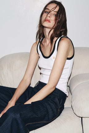 Contrast-Trimmed Brooch-Accented Top