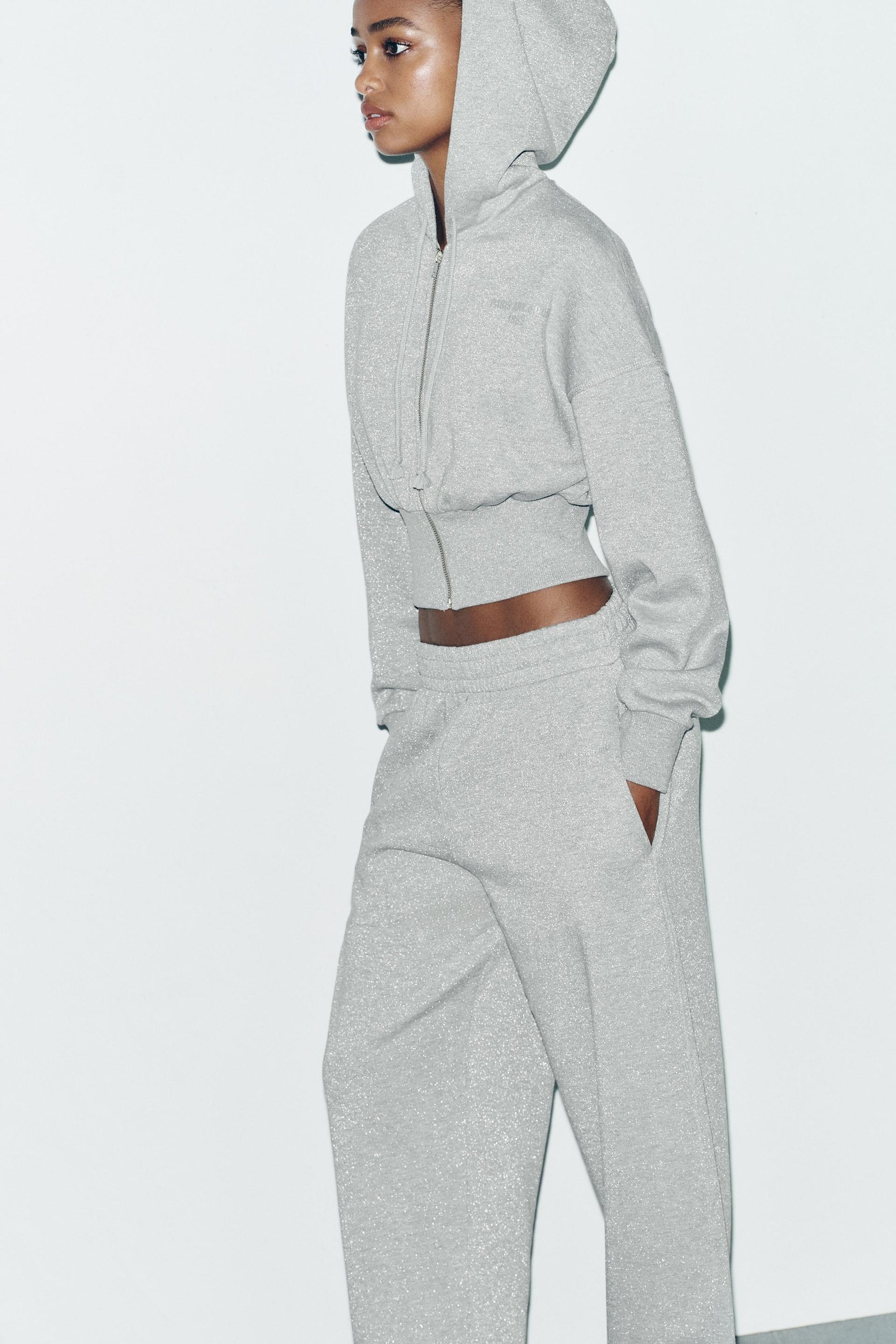 METALLIC THREAD CROP HOODIE