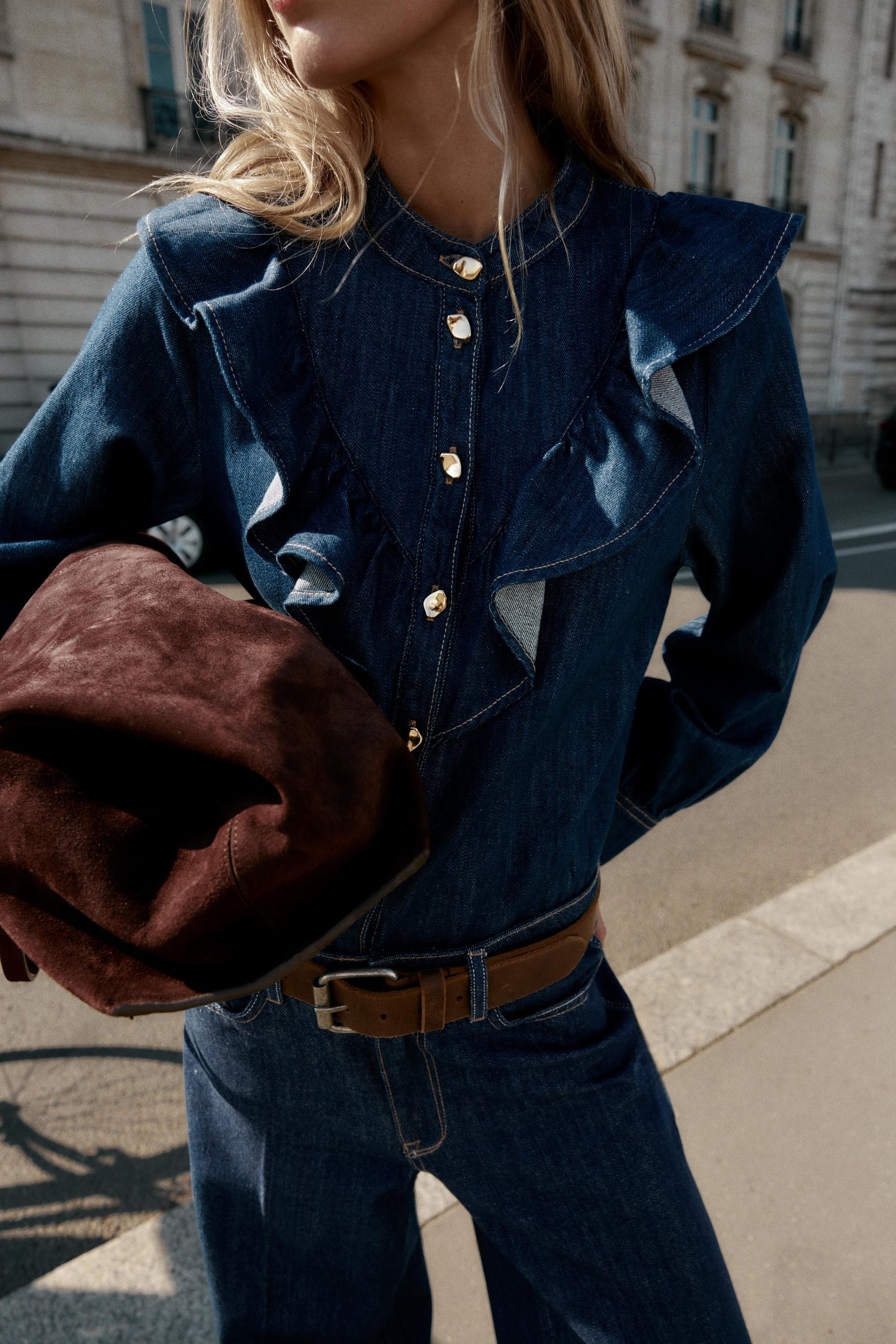 Denim Shirt with Ruffles