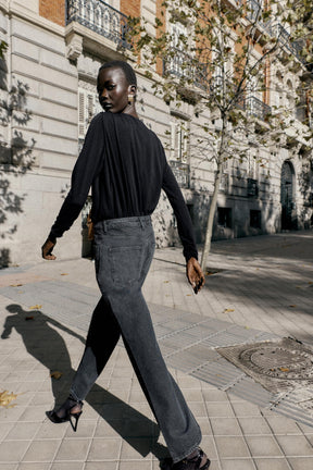 Shiny High-Waist Straight Jeans