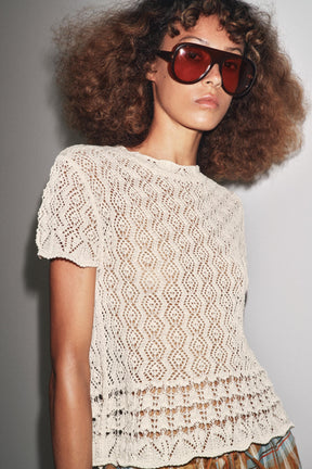 SHORT SLEEVE POINTELLE KNIT TOP - Image 2