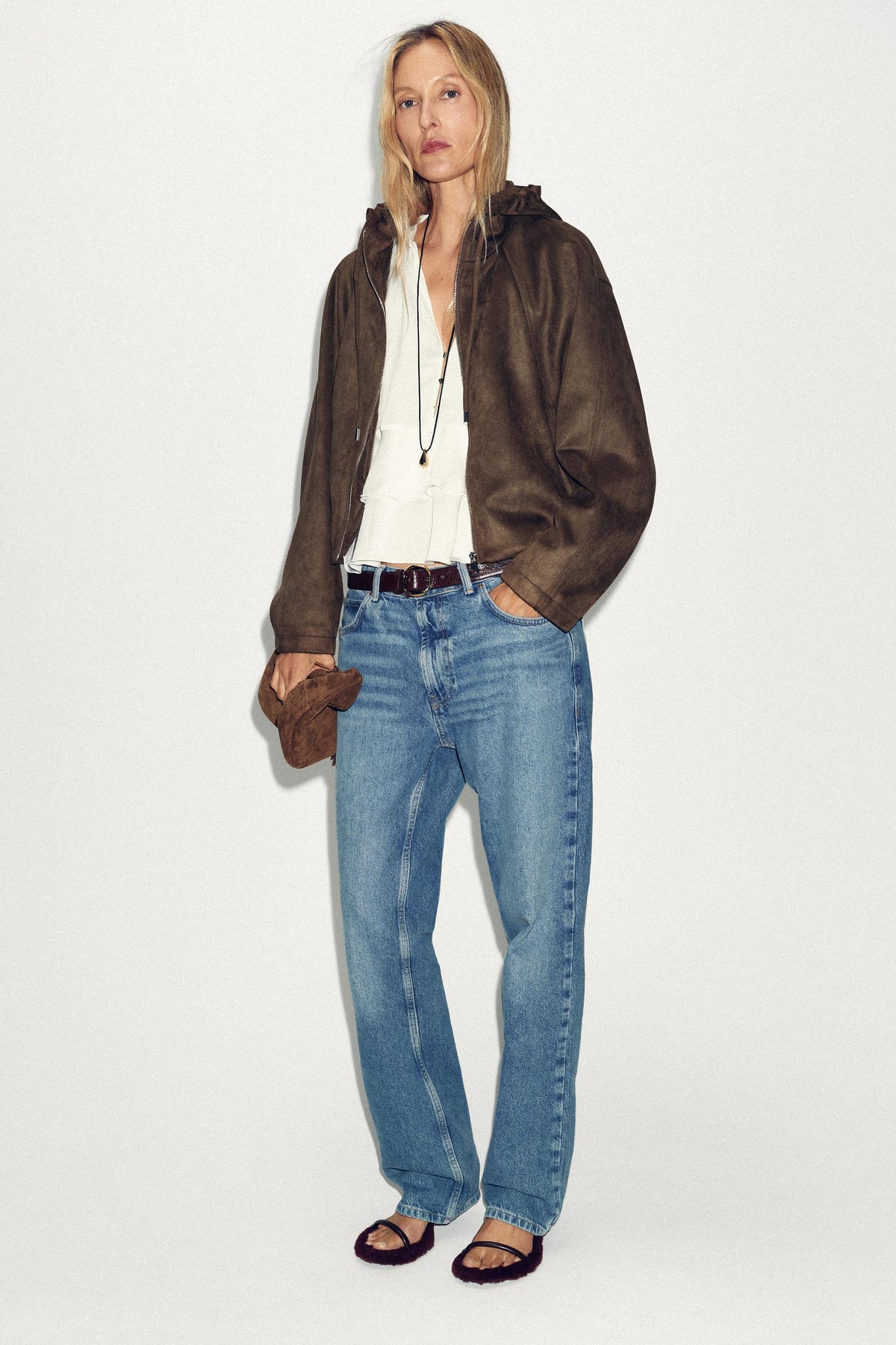 HOODED FAUX SUEDE BOMBER JACKET - Image 1