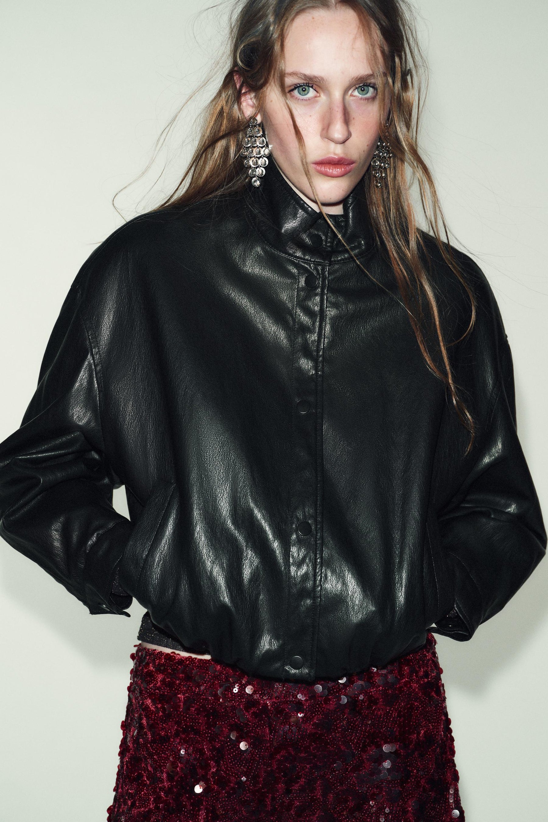 HIGH NECK FAUX LEATHER BOMBER JACKET - Image 2