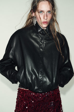 HIGH NECK FAUX LEATHER BOMBER JACKET - Image 2