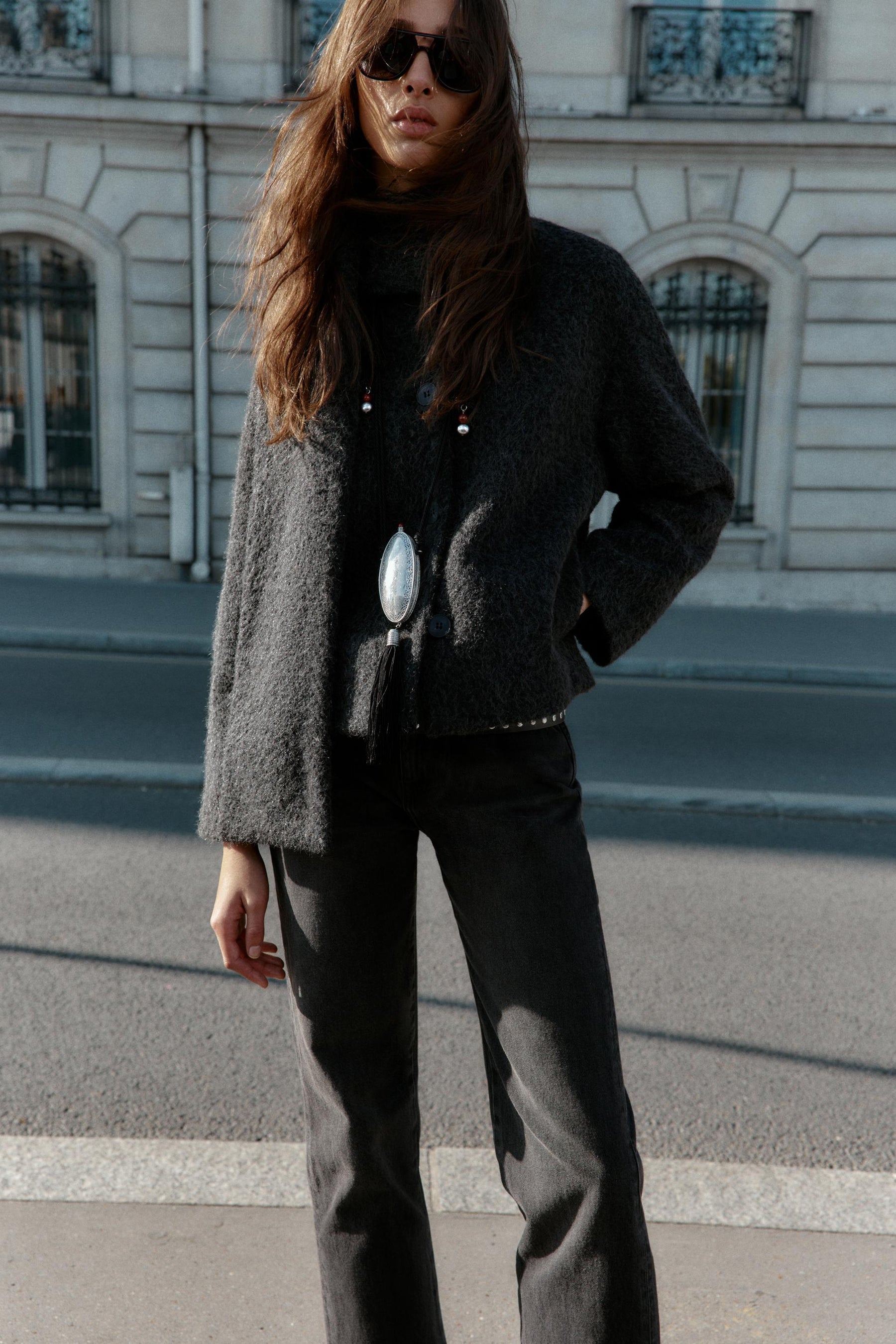 SHORT BOUCLÉ COAT WITH SCARF - Image 1