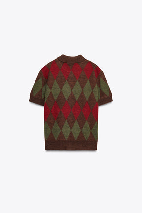 ARGYLE KNIT POLO CARDIGAN - Image 1