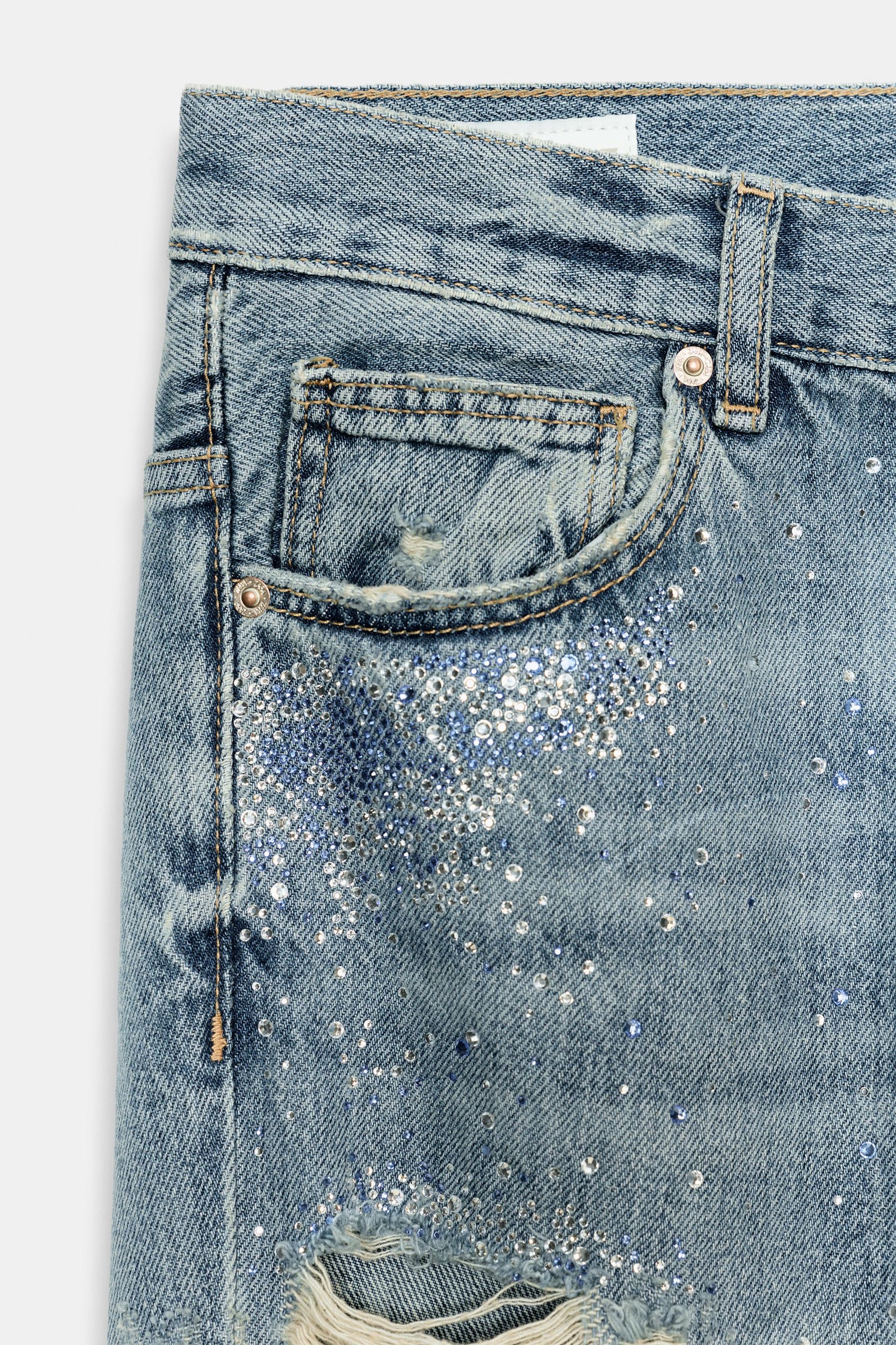 TRF RIPPED WIDE-LEG RHINESTONE