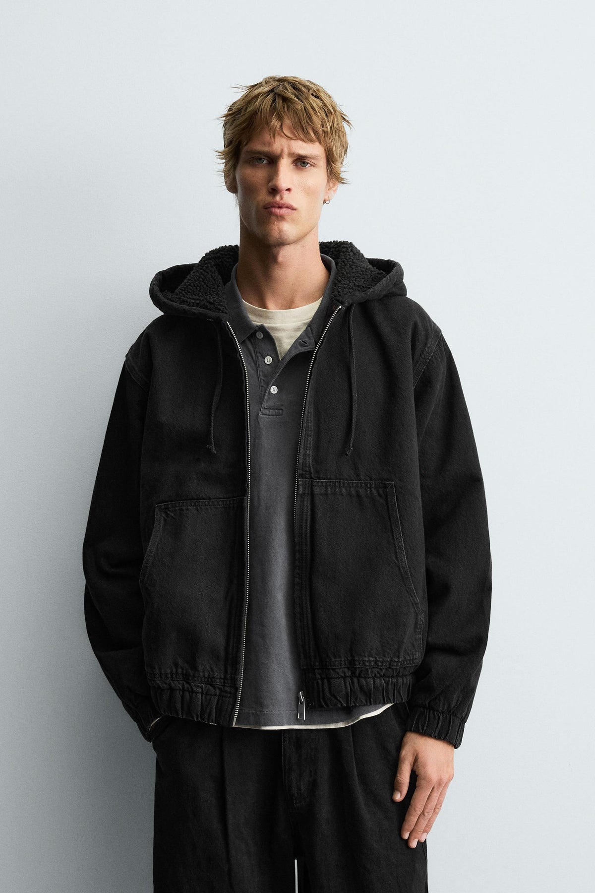 DENIM JACKET WITH FAUX SHEARLING HOODIE - Image 2