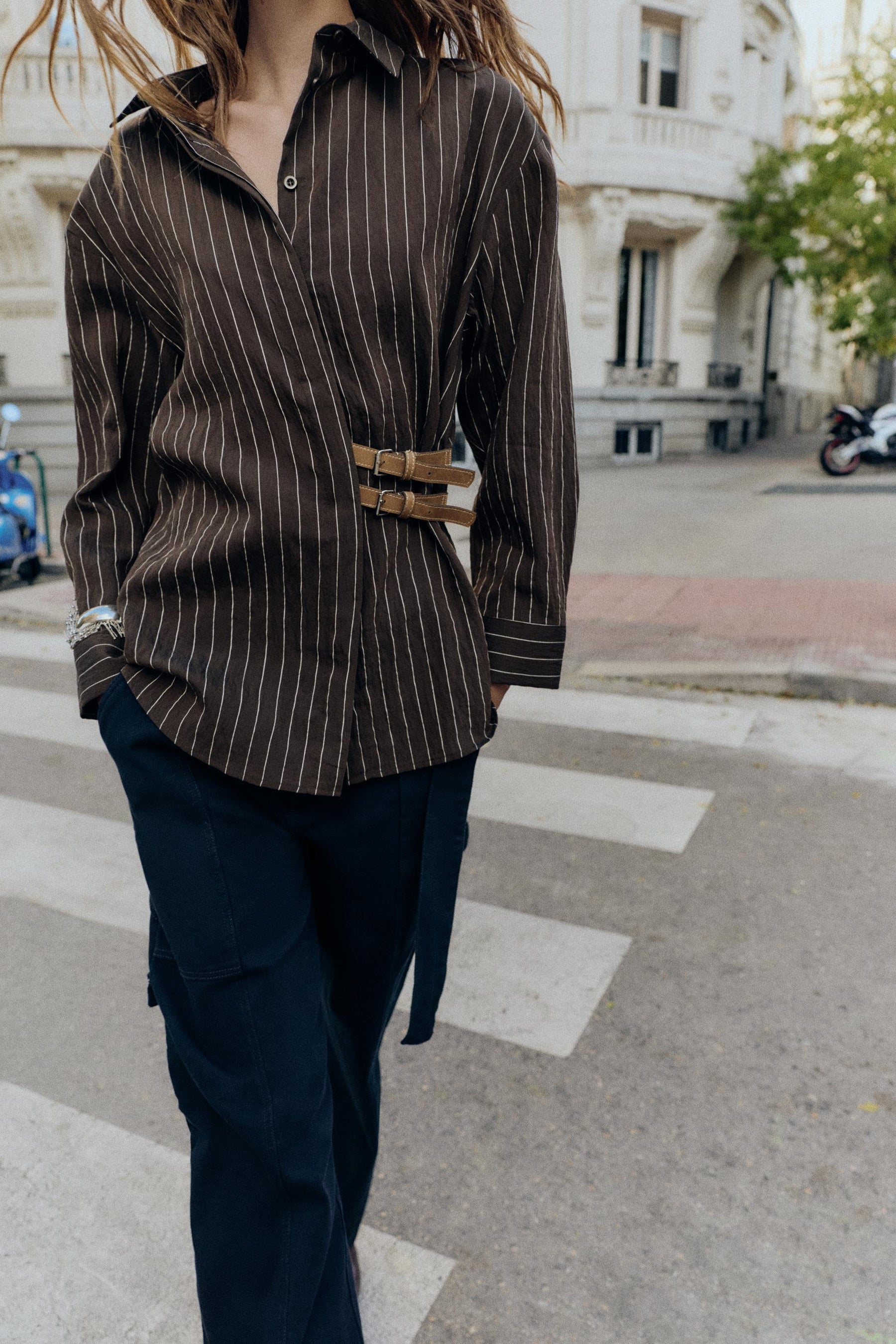 Striped Buckle-Detailed Shirt