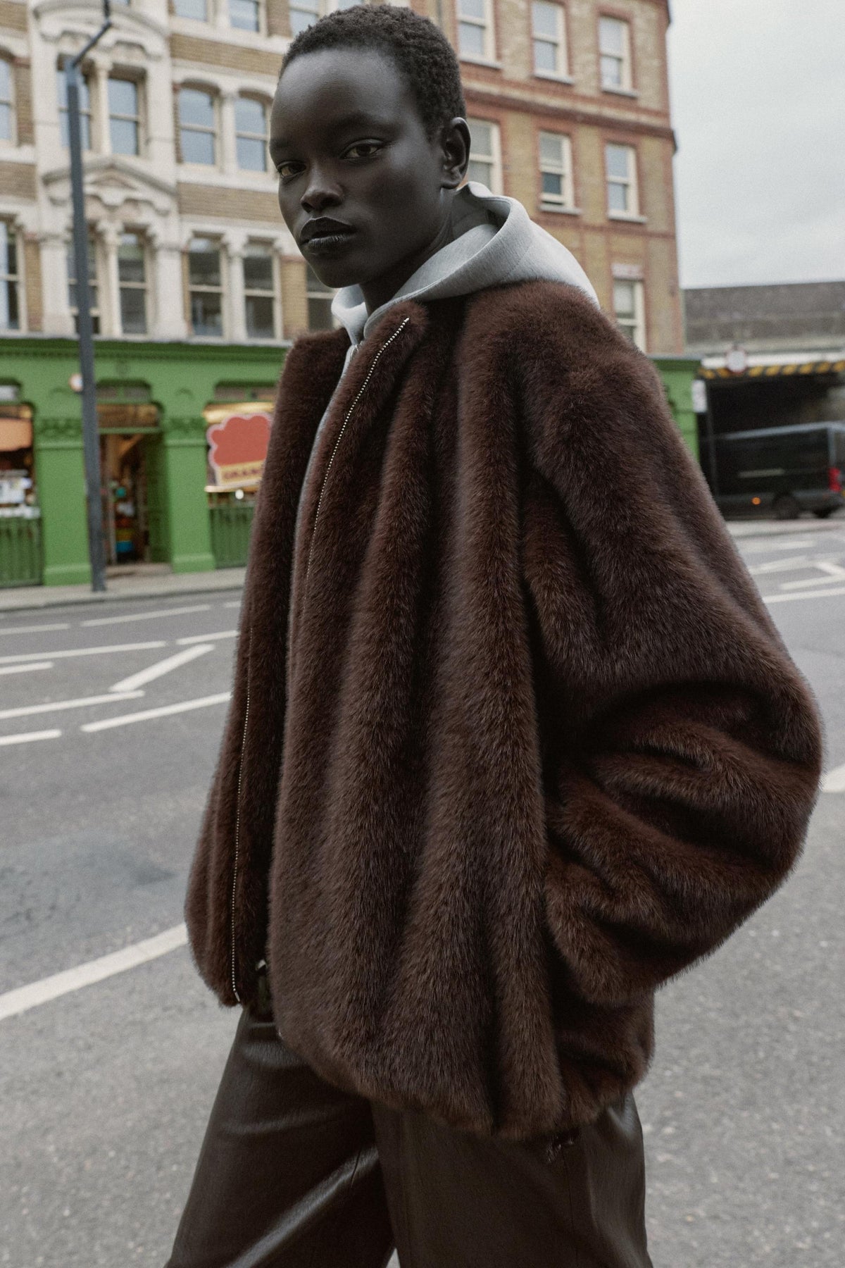 CONTRAST BOMBER JACKET WITH FAUX FUR HOODIE - Image 2