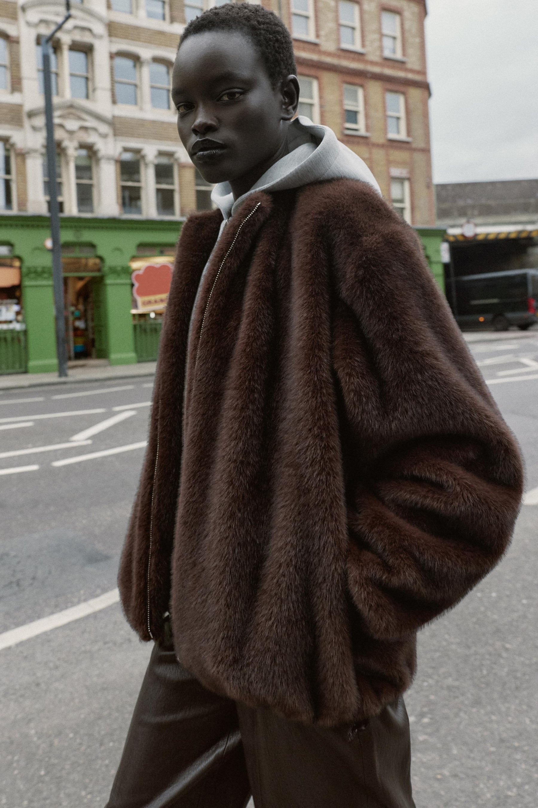 CONTRAST BOMBER JACKET WITH FAUX FUR HOODIE - Image 2