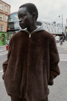 CONTRAST BOMBER JACKET WITH FAUX FUR HOODIE - Image 6