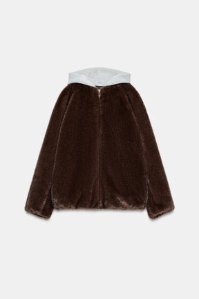 CONTRAST BOMBER JACKET WITH FAUX FUR HOODIE - Image 7