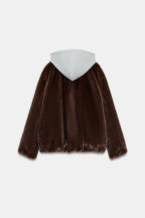 CONTRAST BOMBER JACKET WITH FAUX FUR HOODIE - Image 8