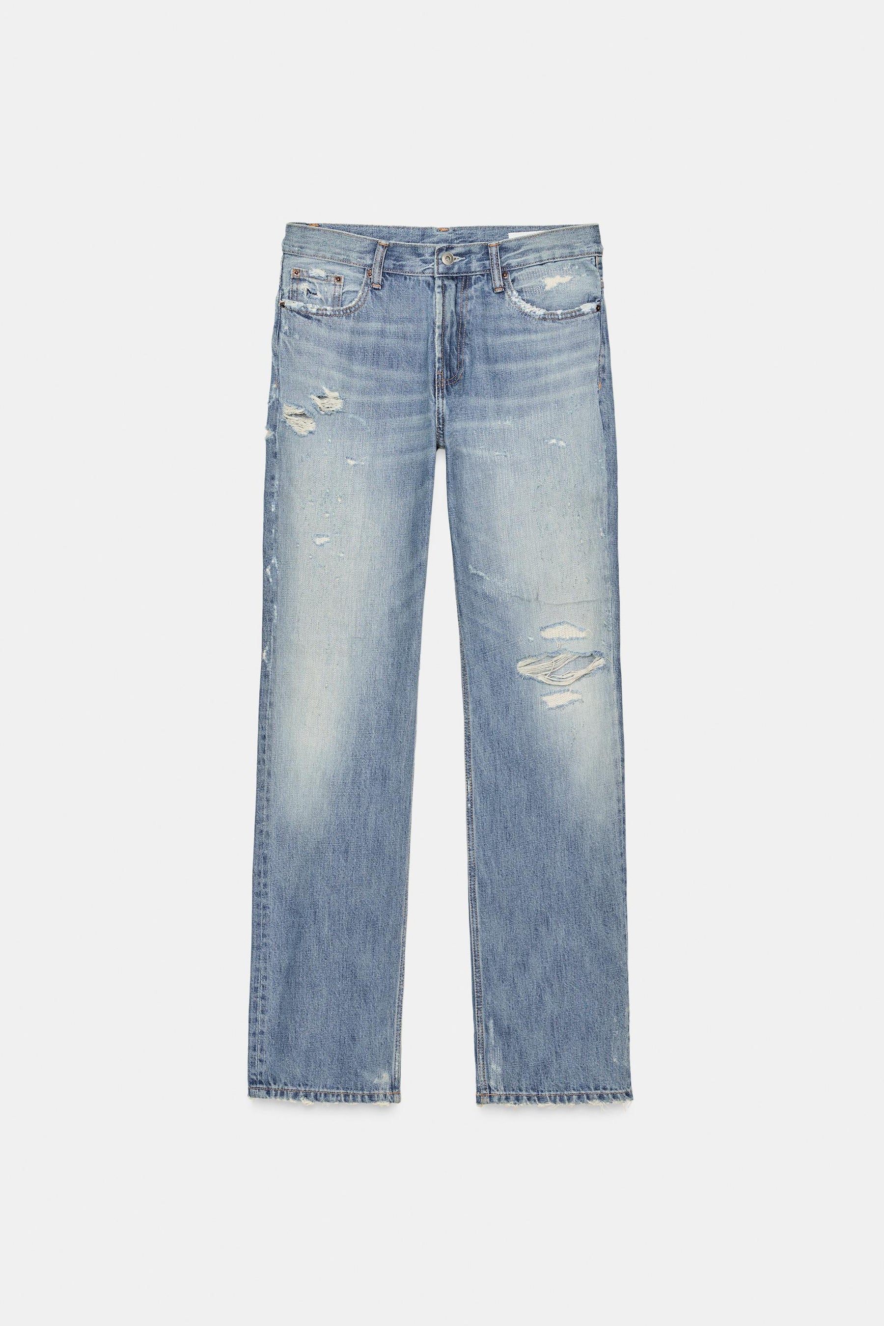 Straight-Leg Mid-Waist Ripped Jeans