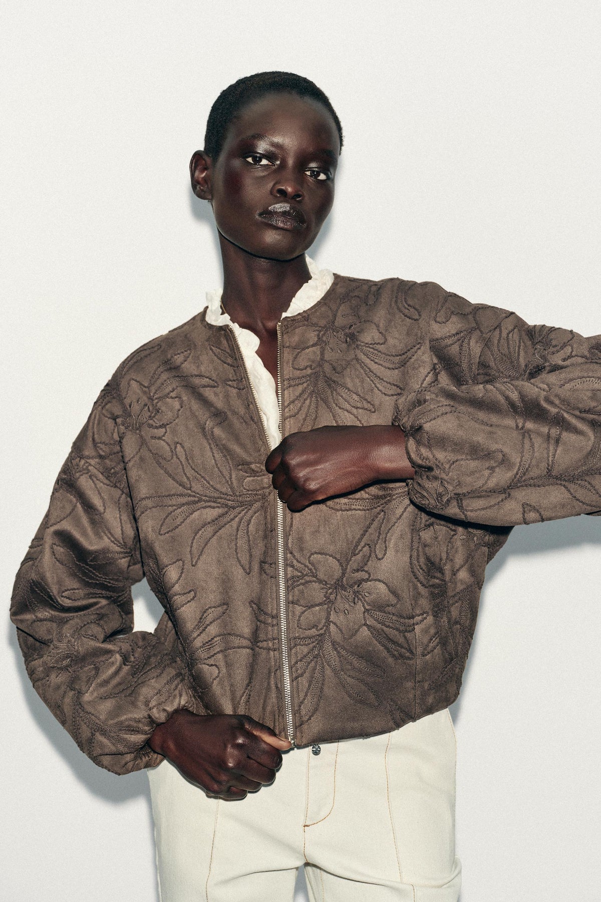 Embroidered Suede Bomber Jacket