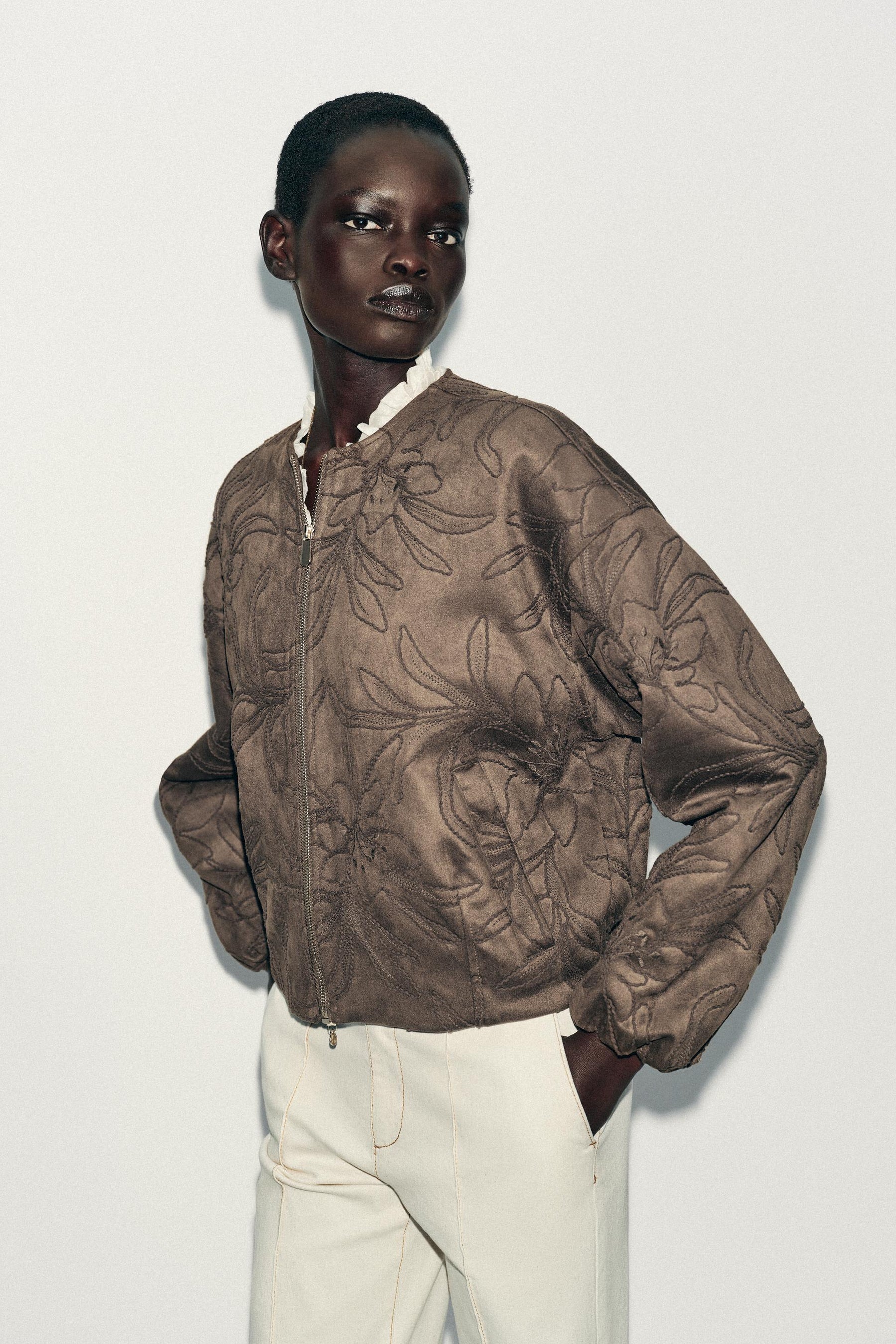 Embroidered Suede Bomber Jacket