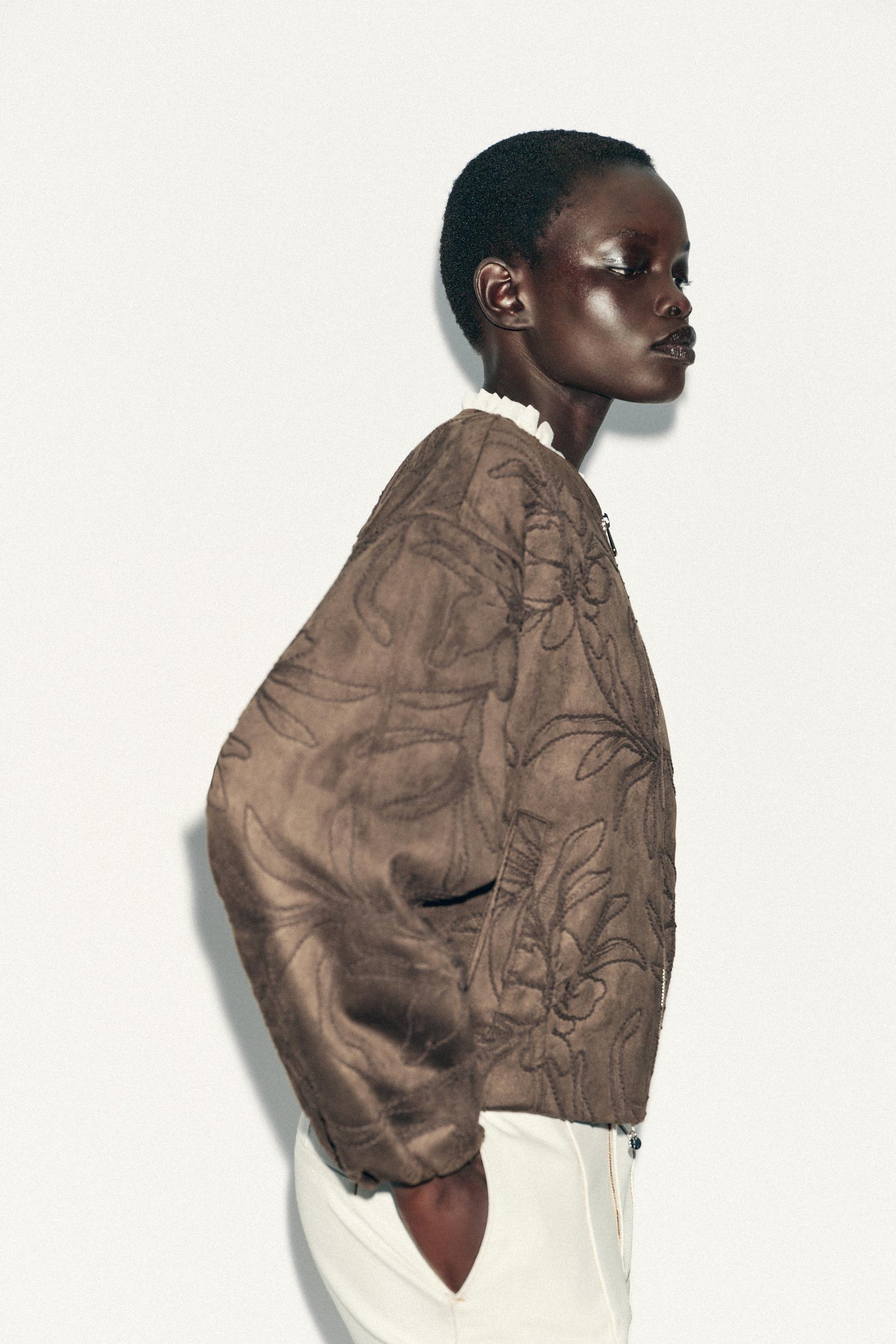 Embroidered Suede Bomber Jacket