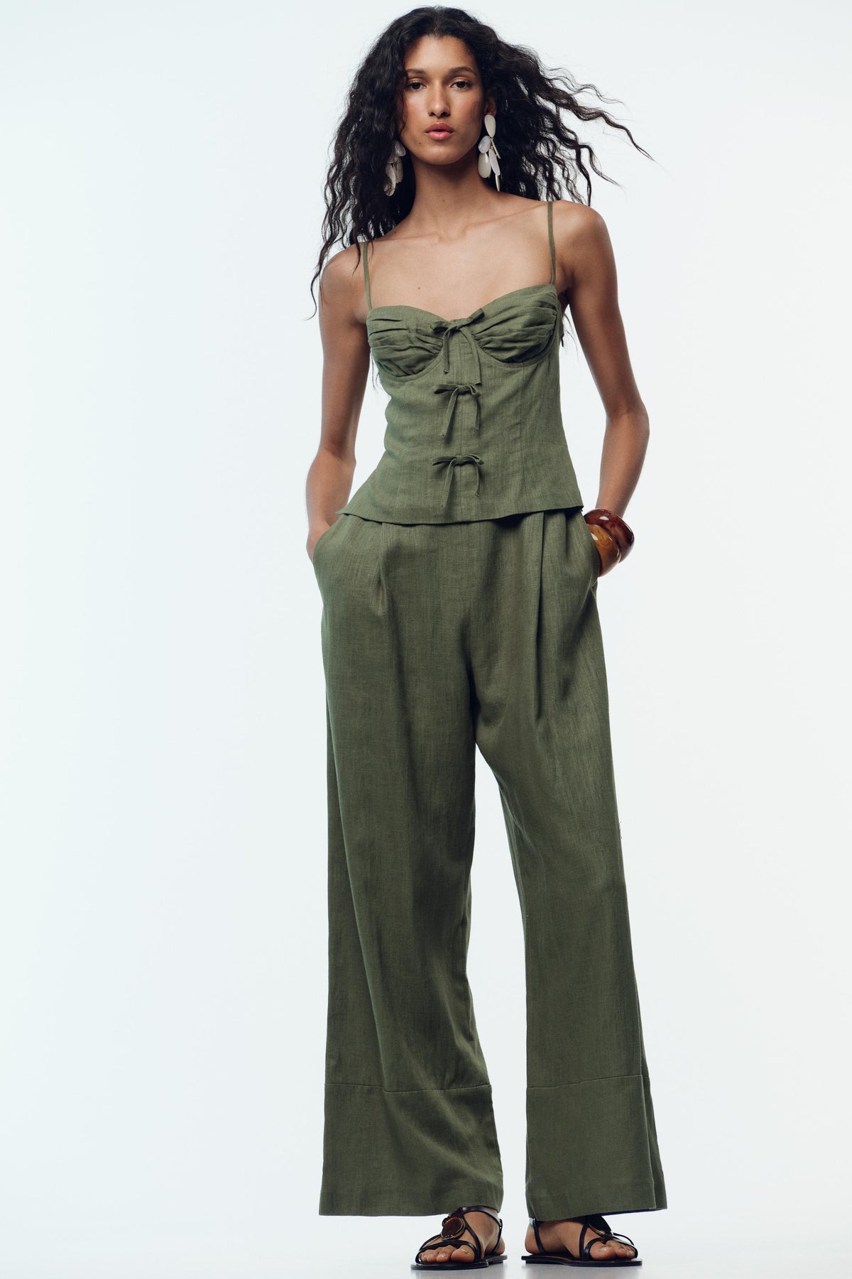 LINEN BLEND STRAPPY JUMPSUIT WITH BOWS - Image 1