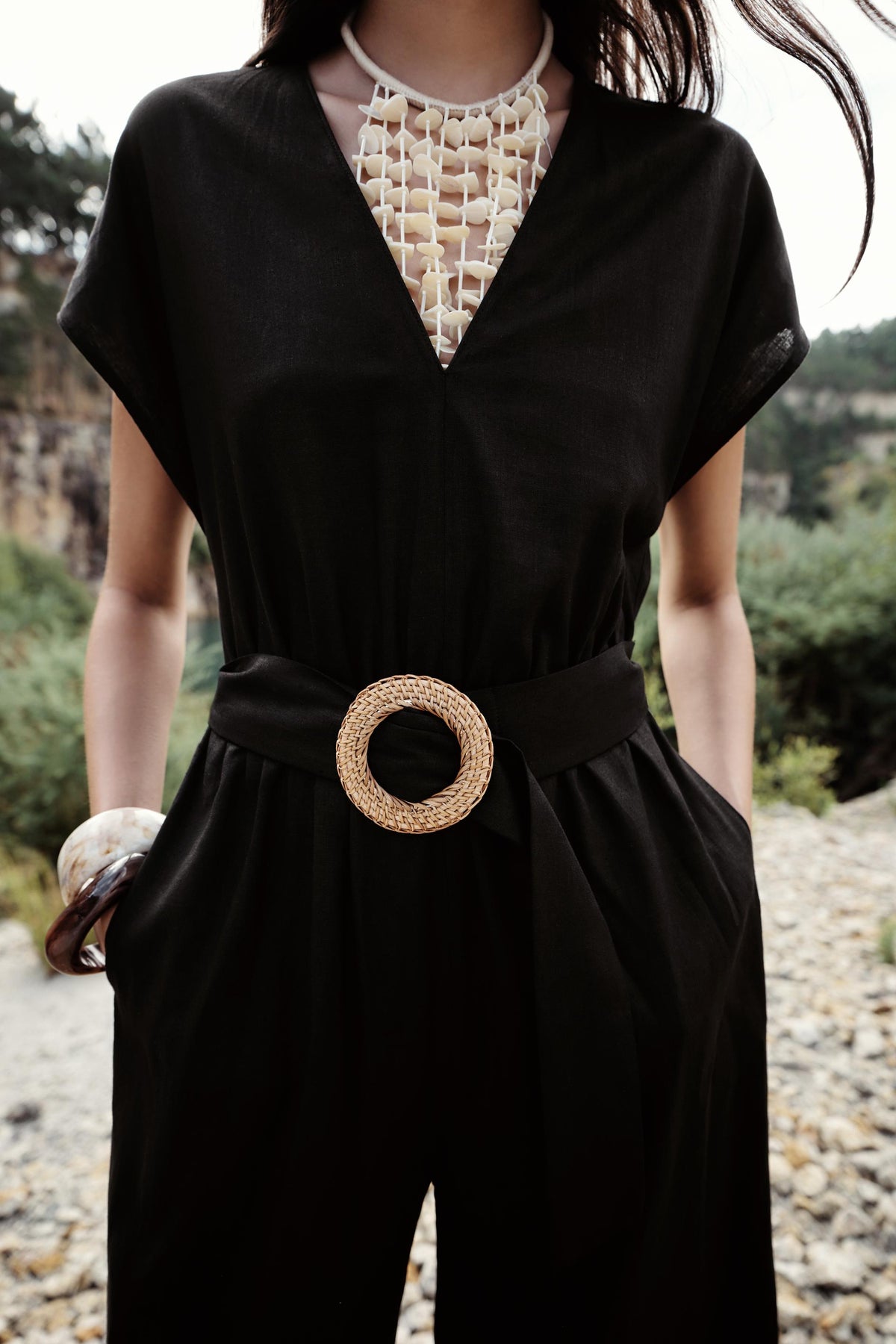 LINEN BLEND LONG JUMPSUIT WITH BELT - Image 2