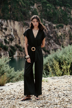 LINEN BLEND LONG JUMPSUIT WITH BELT - Image 1