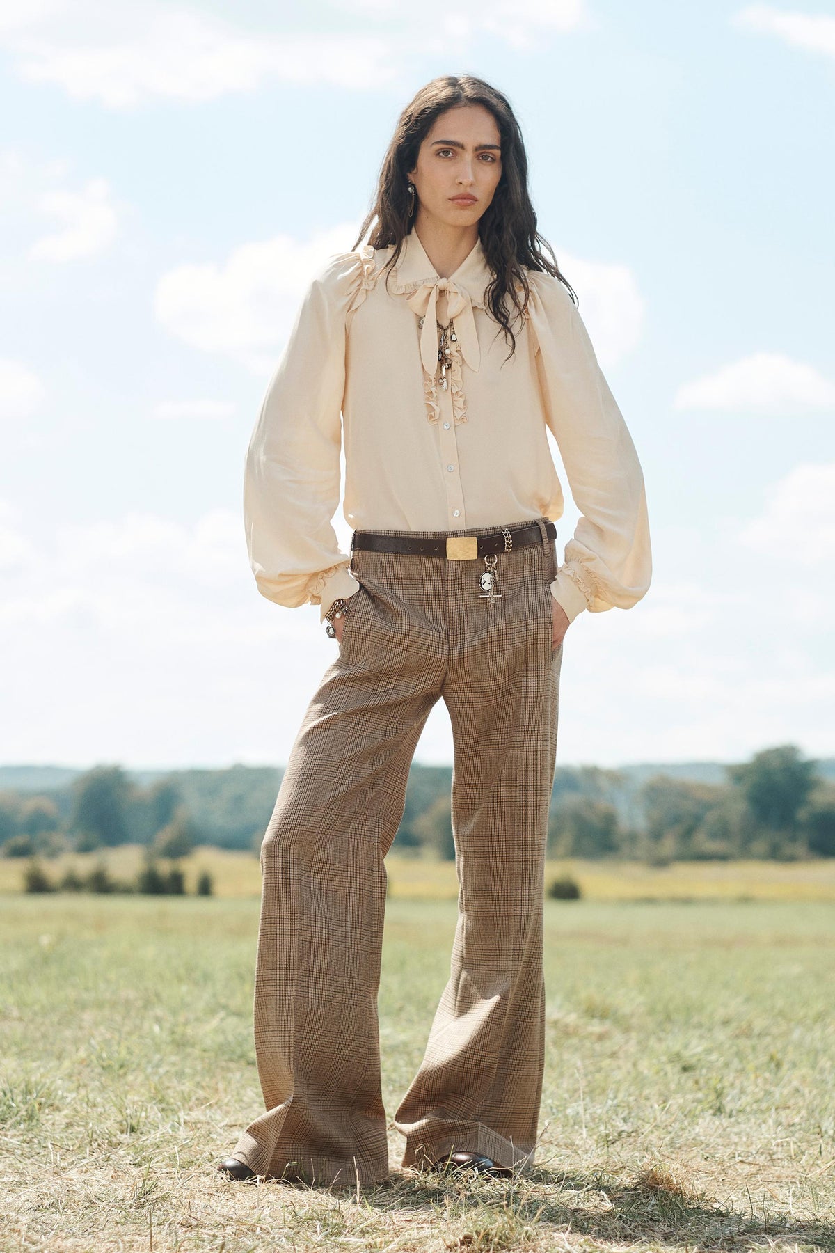 WOOL CHECK FLARE TROUSERS