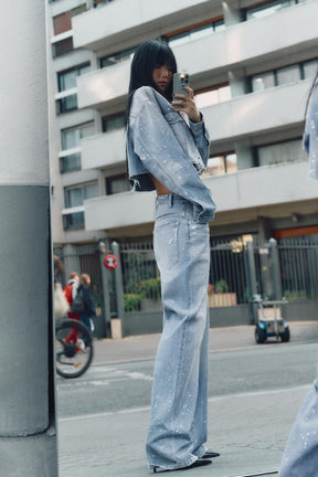 Rhinestone high-waist straight-leg jeans