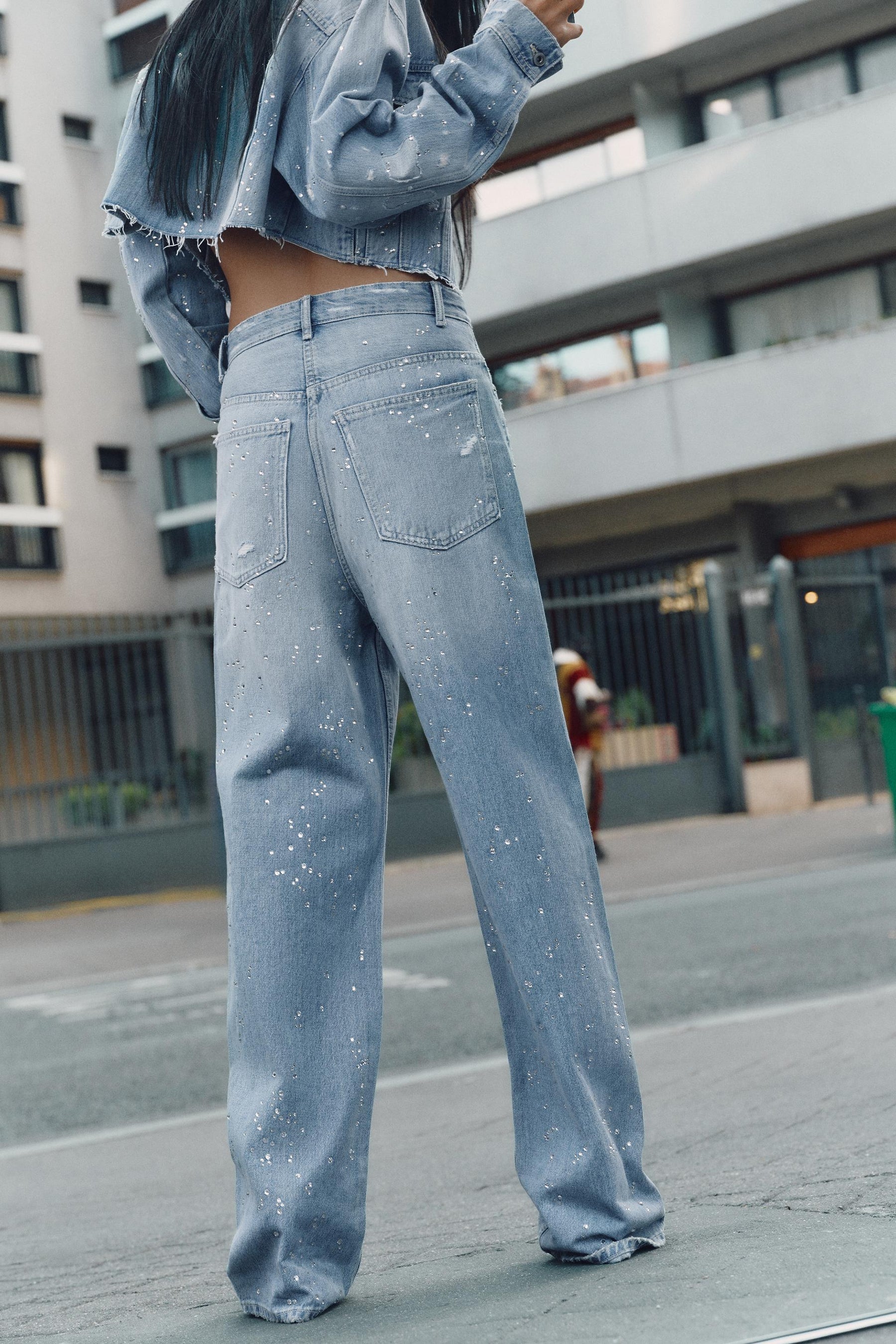Rhinestone high-waist straight-leg jeans