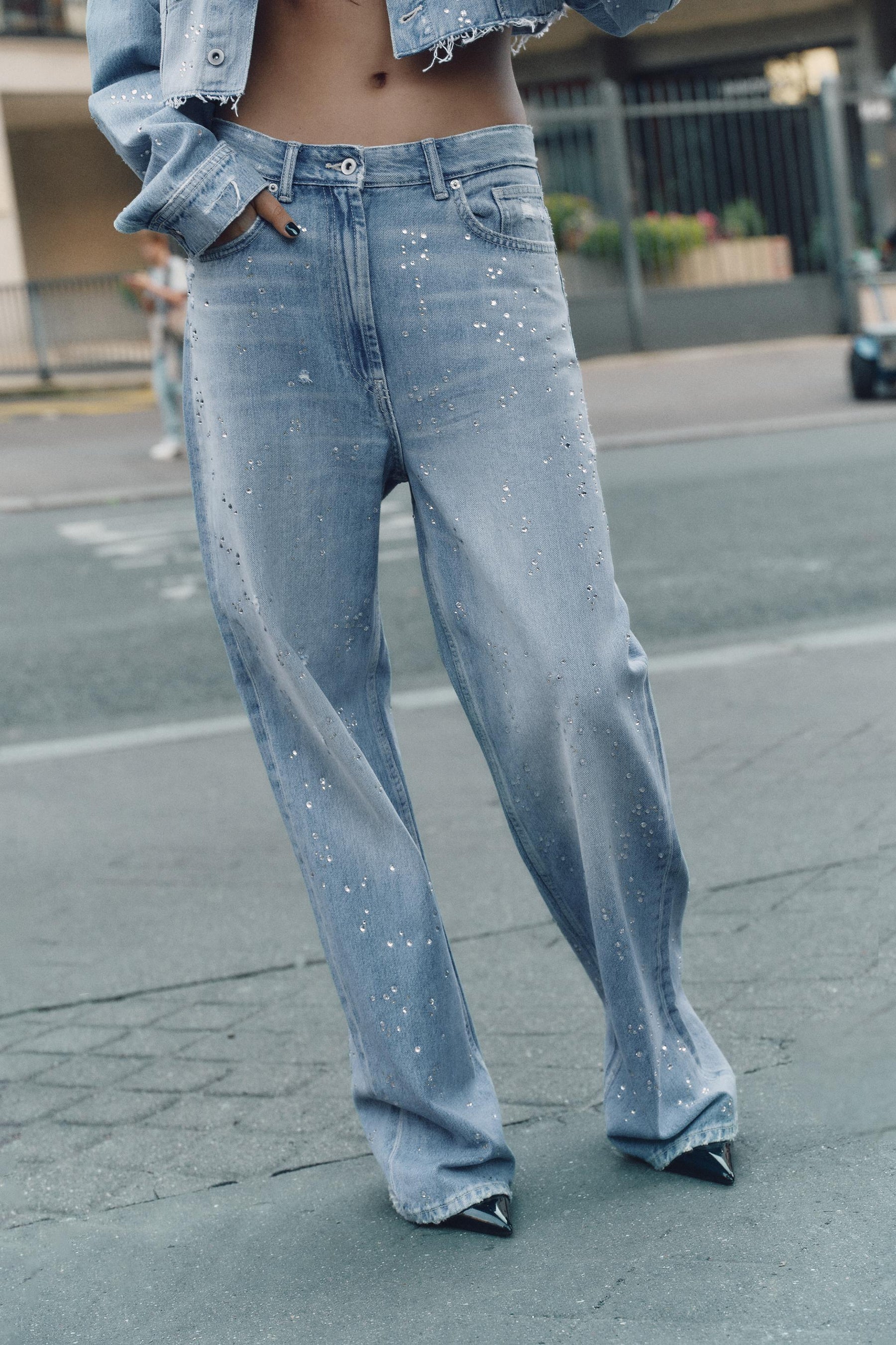 Rhinestone high-waist straight-leg jeans