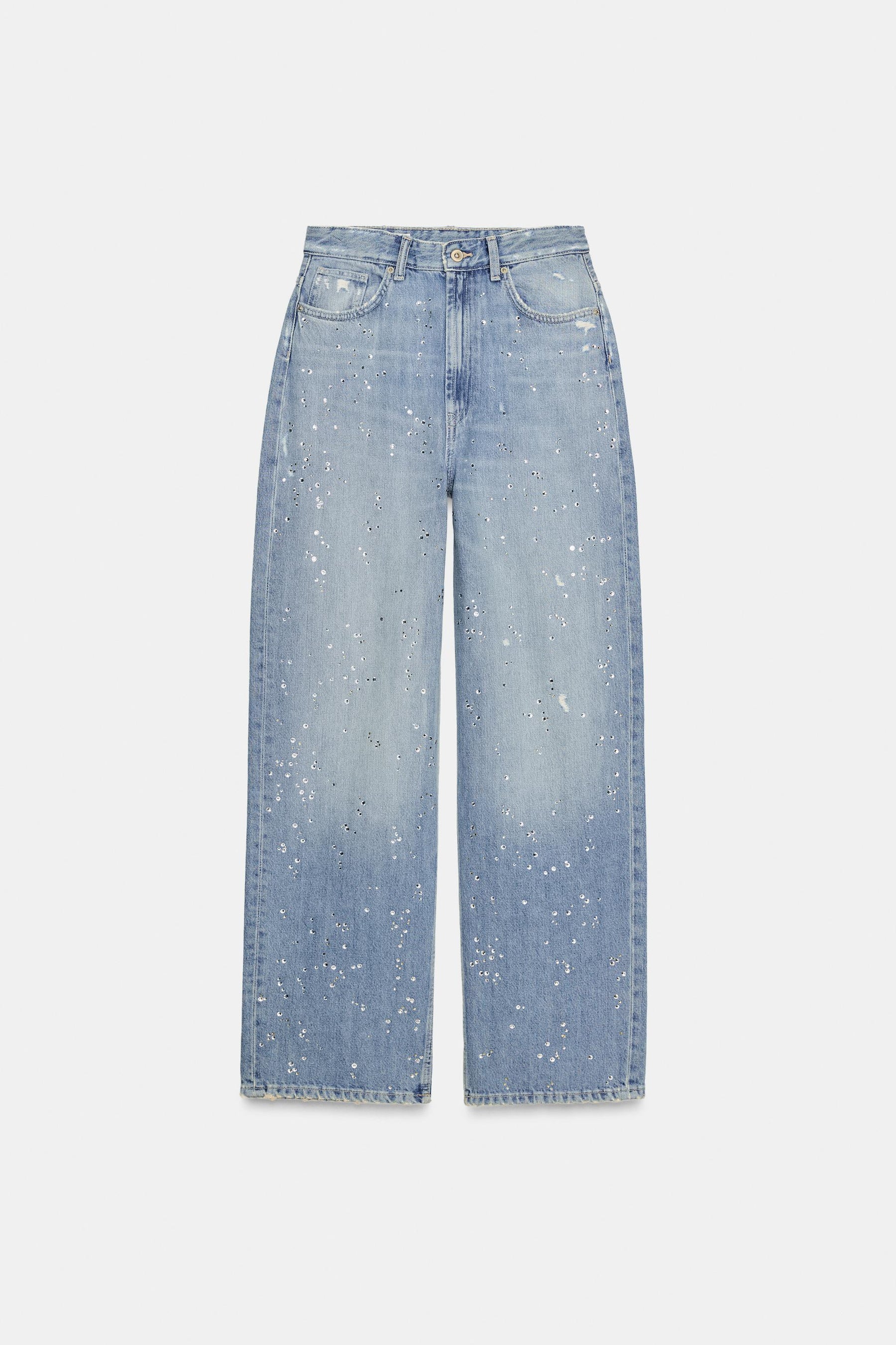Rhinestone high-waist straight-leg jeans
