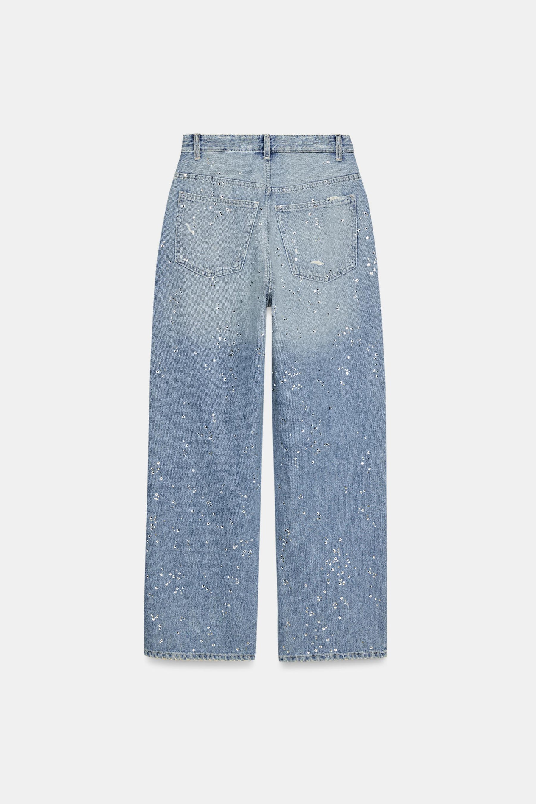 Rhinestone high-waist straight-leg jeans