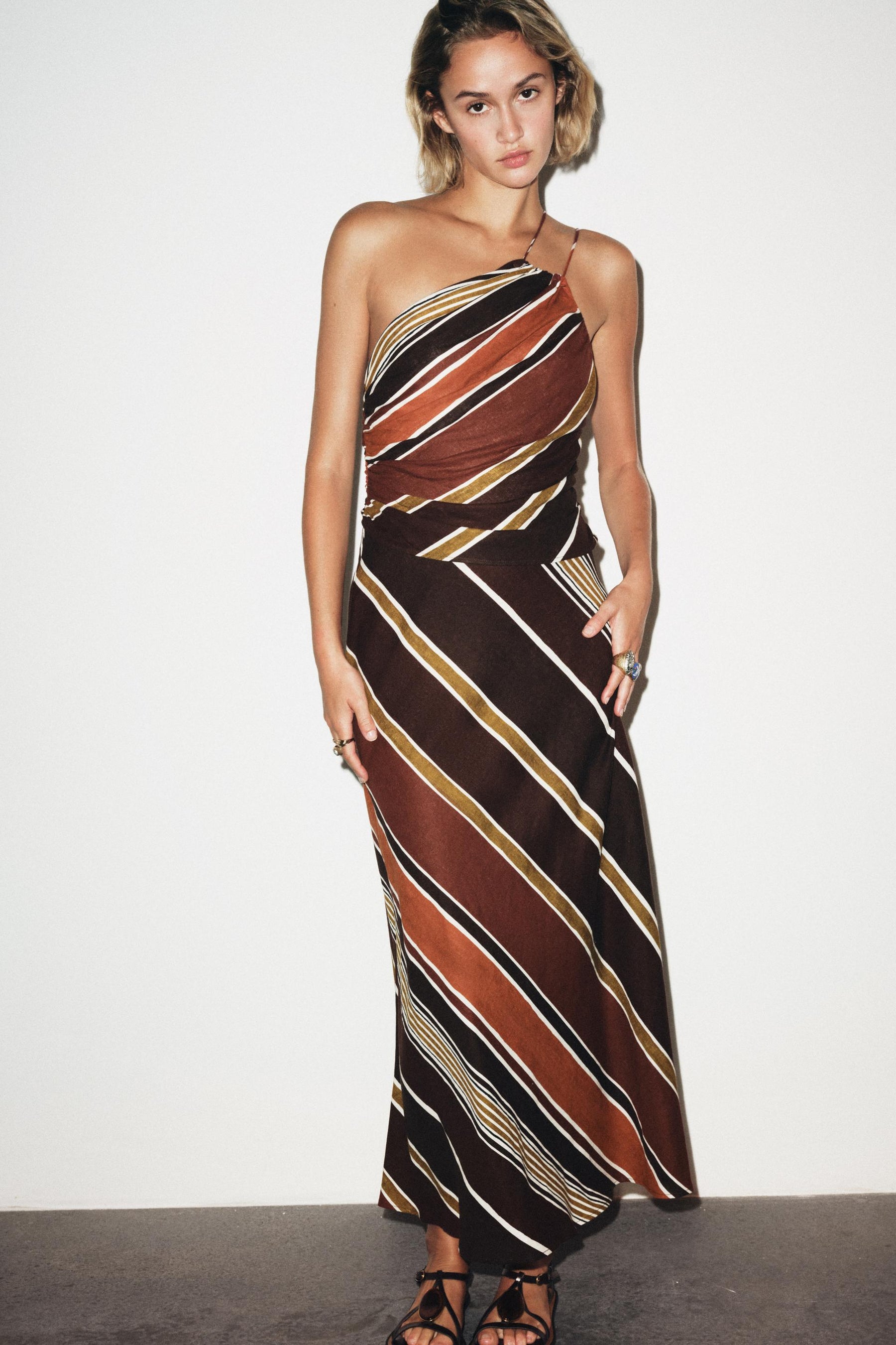 STRIPED ASYMMETRIC MIDI DRESS - Image 1