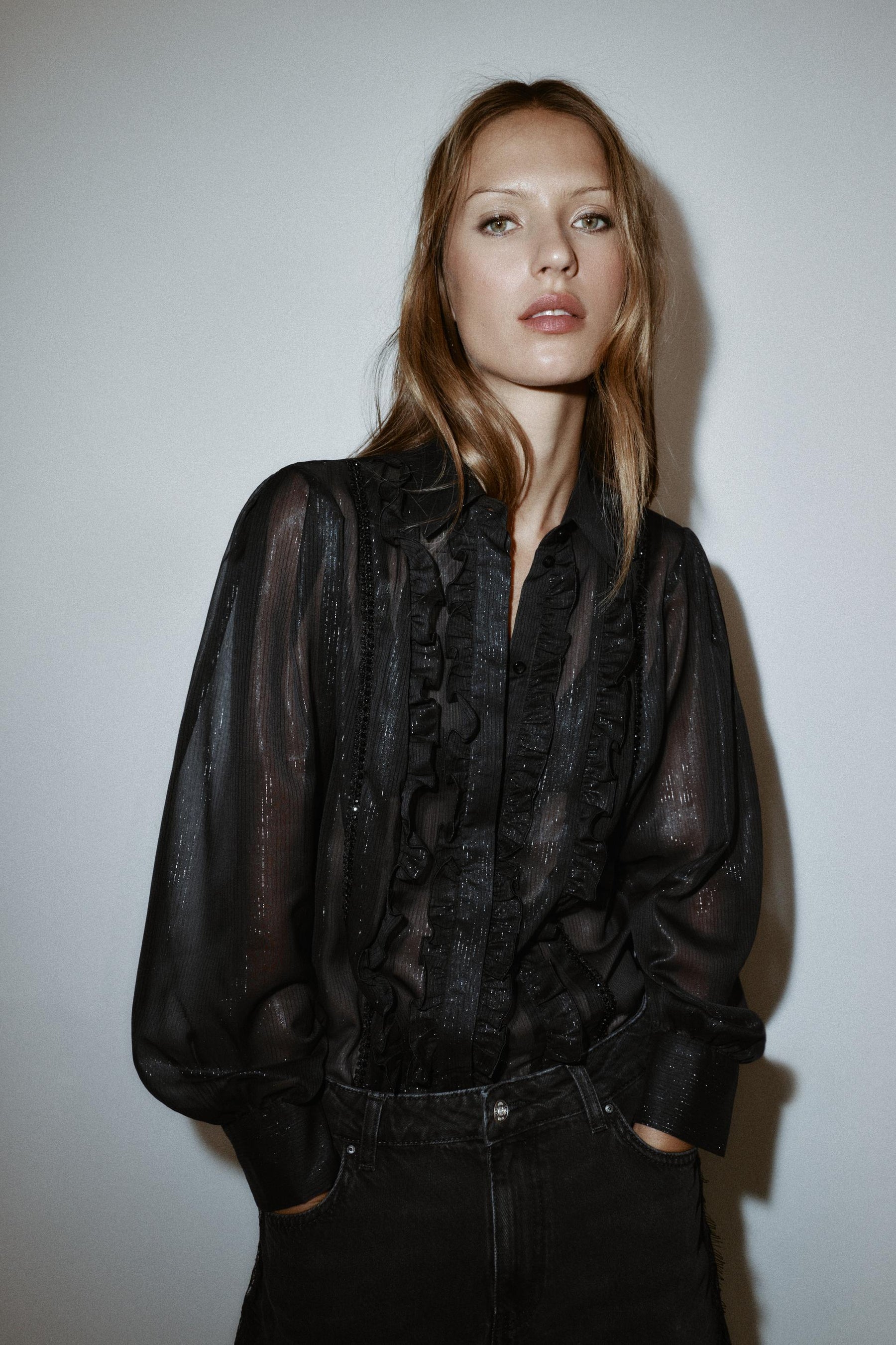 Ruffled Beaded Semi-Sheer Shirt