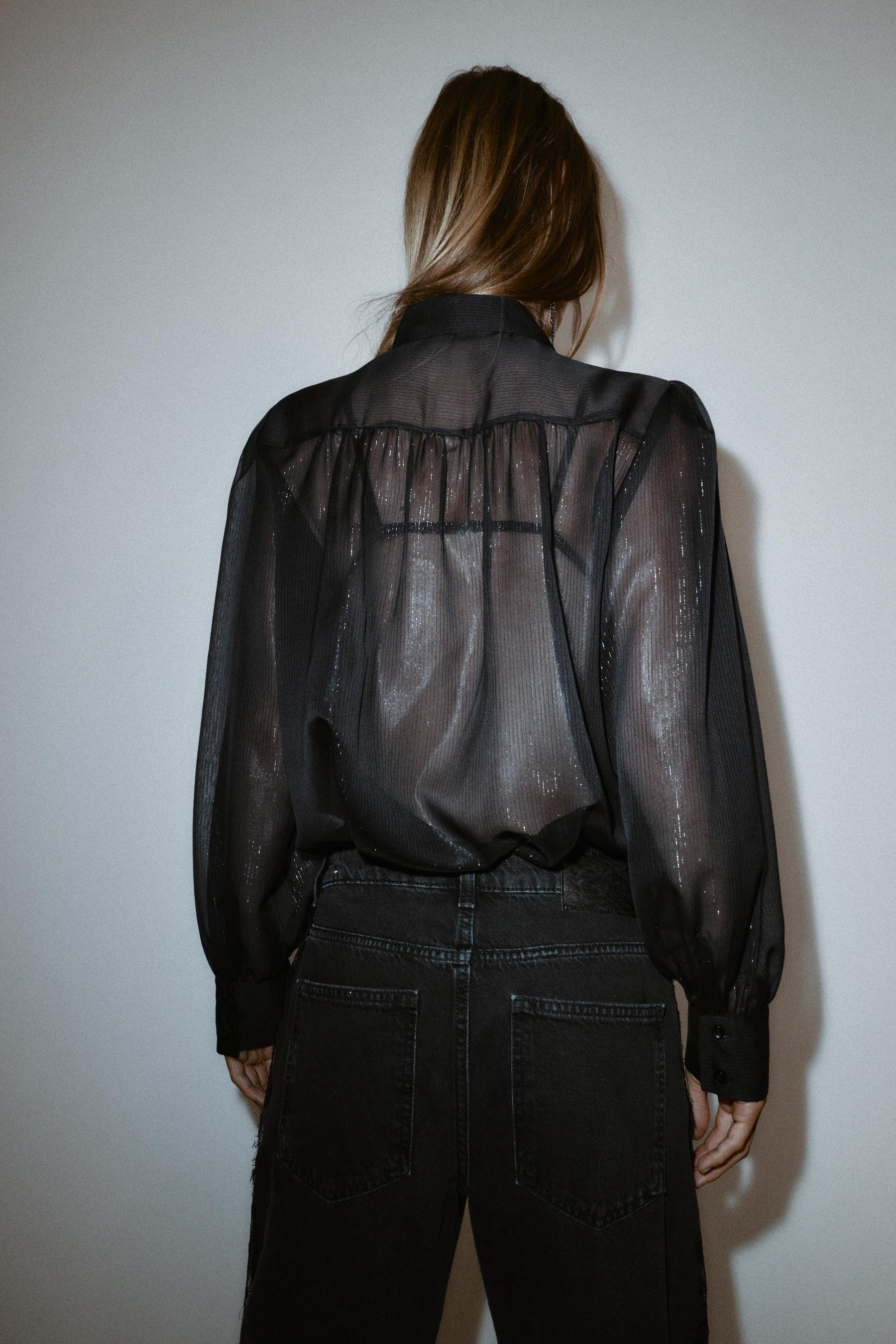 Ruffled Beaded Semi-Sheer Shirt