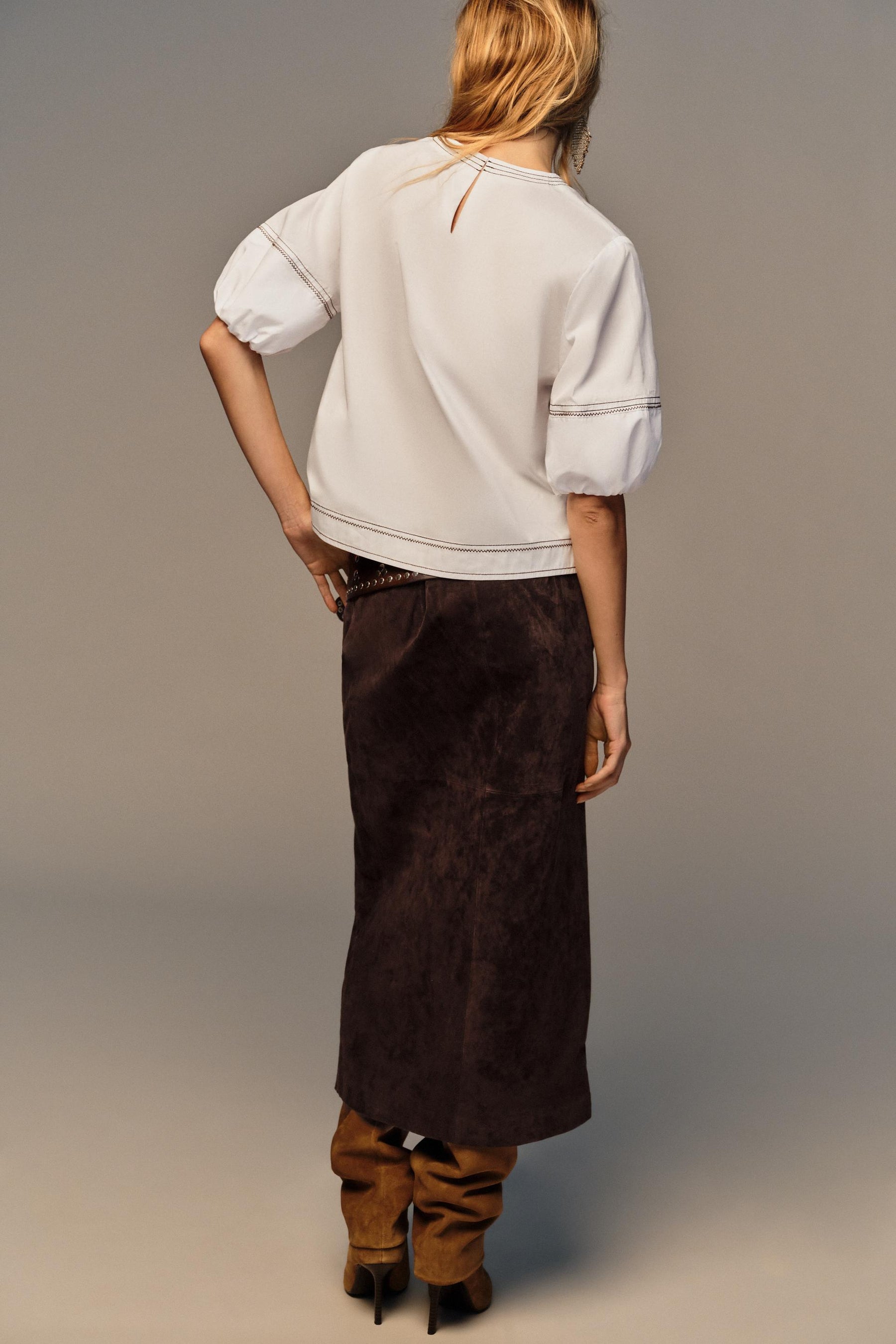 Topstitched Balloon Sleeve Shirt