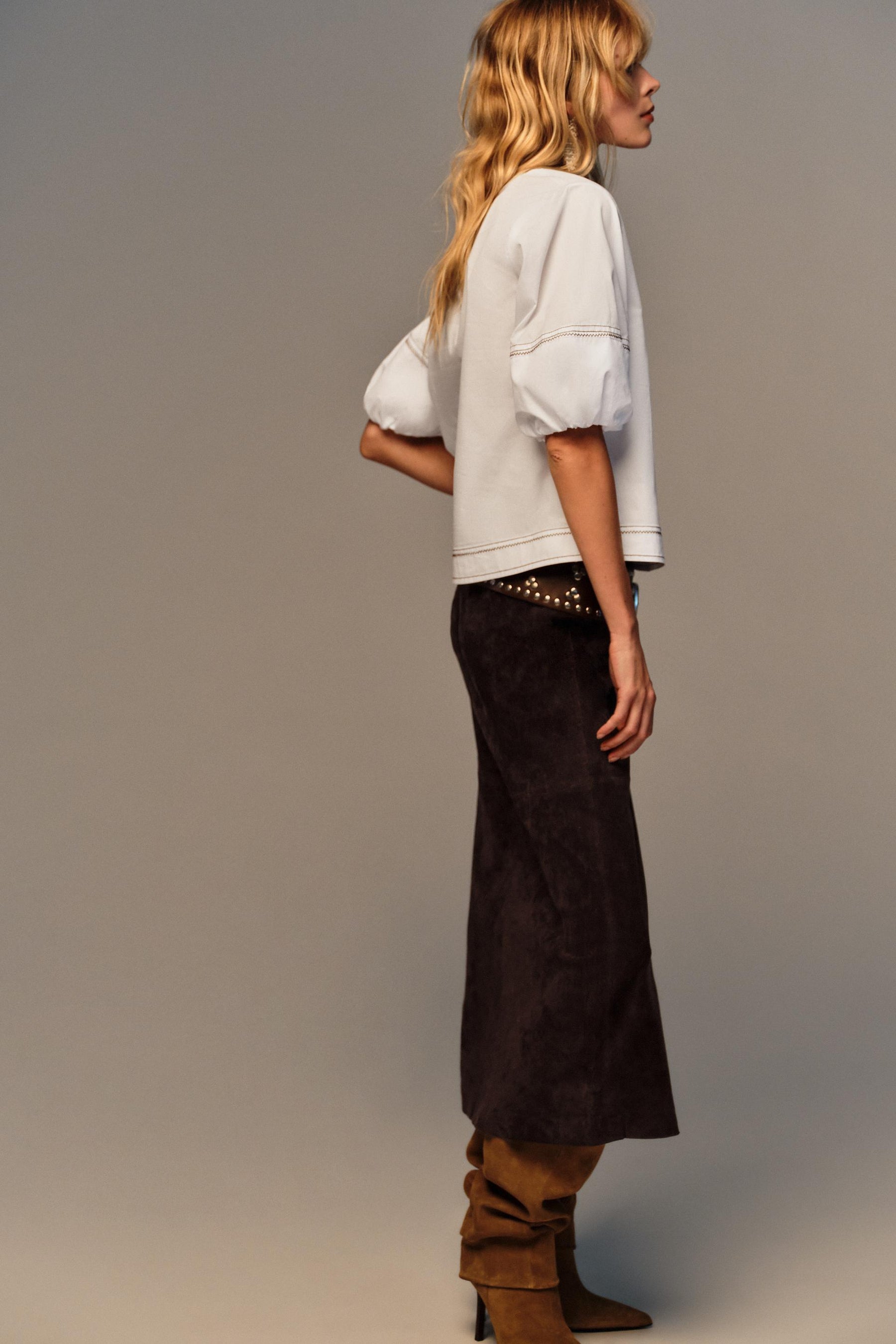 Topstitched Balloon Sleeve Shirt