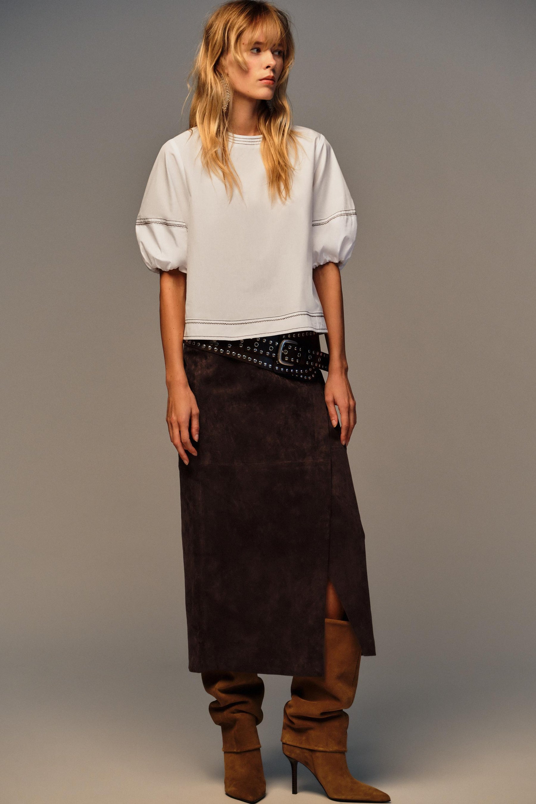 Topstitched Balloon Sleeve Shirt