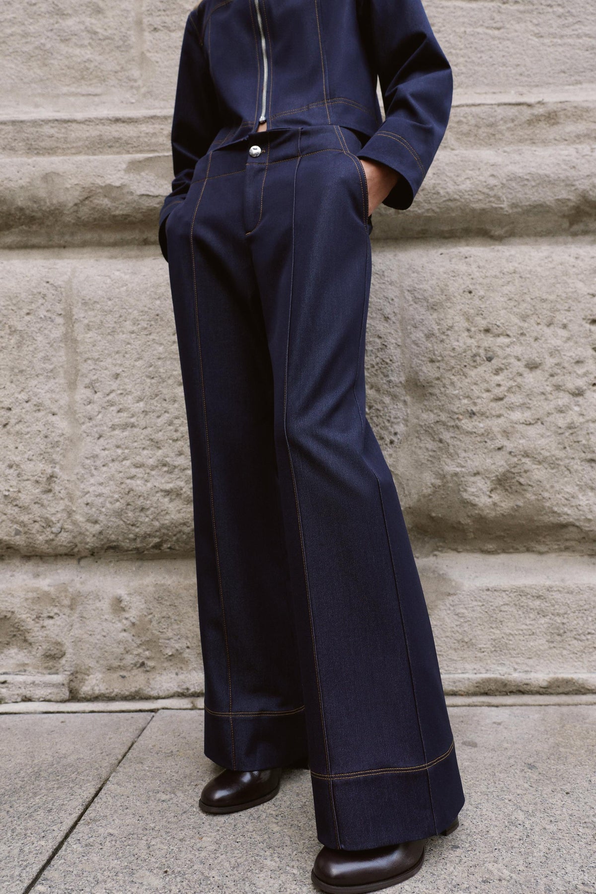 Bootcut Contrast Topstitching Trousers