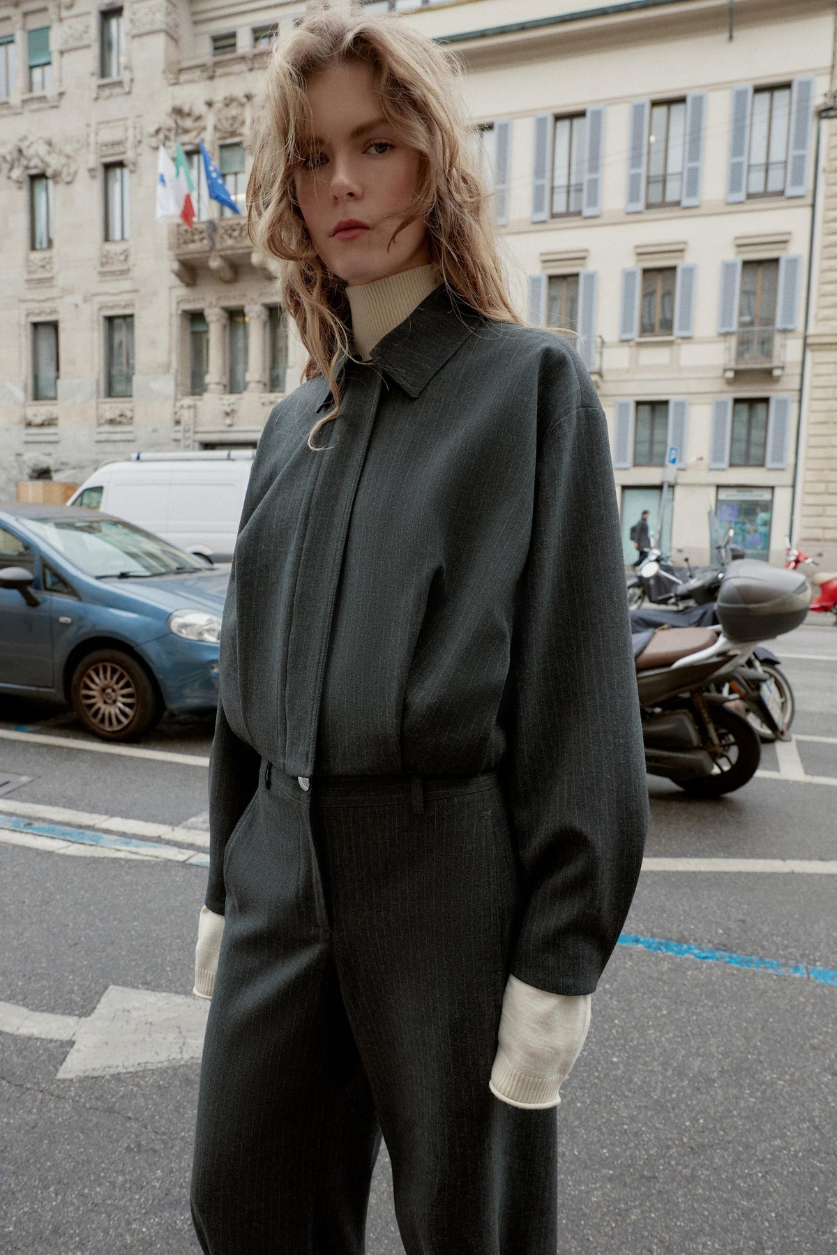 PINSTRIPE BALLOON BOMBER JACKET