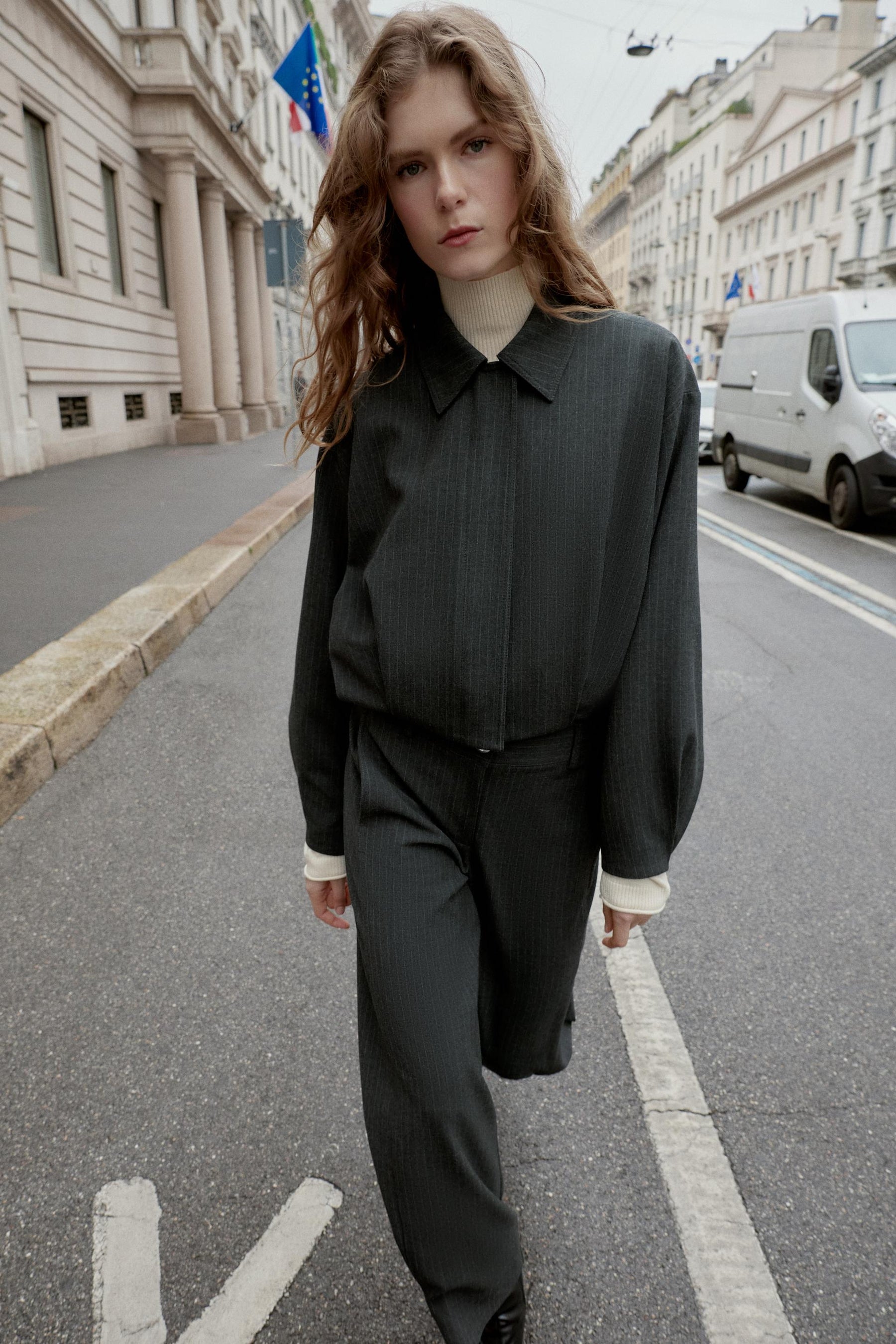 PINSTRIPE BALLOON BOMBER JACKET