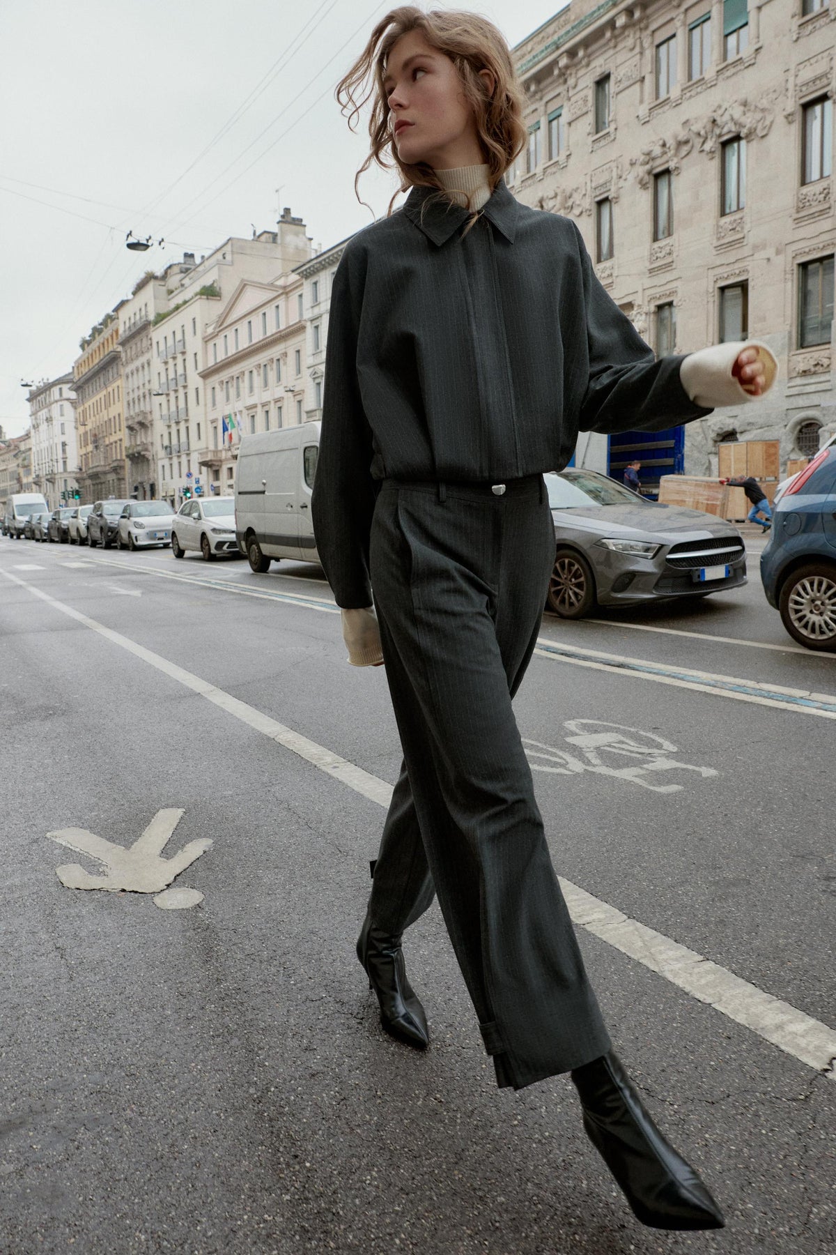 PINSTRIPE BALLOON BOMBER JACKET