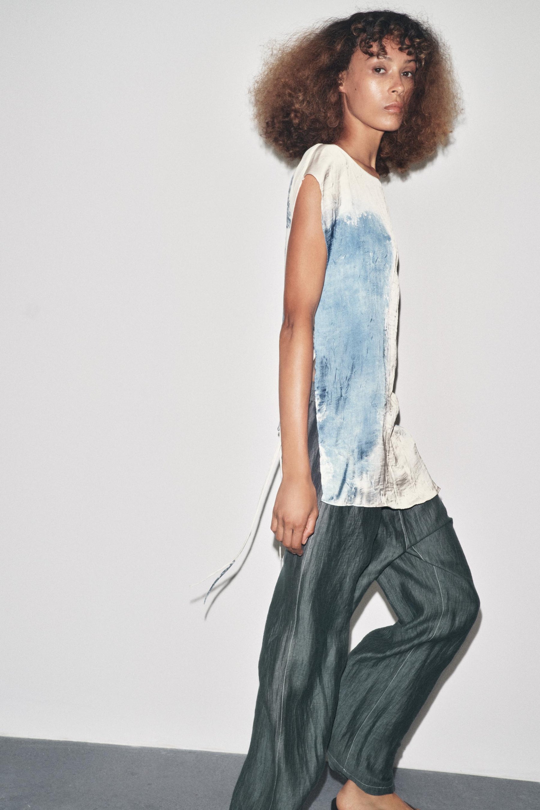 Linen blend contrast-stitched trousers