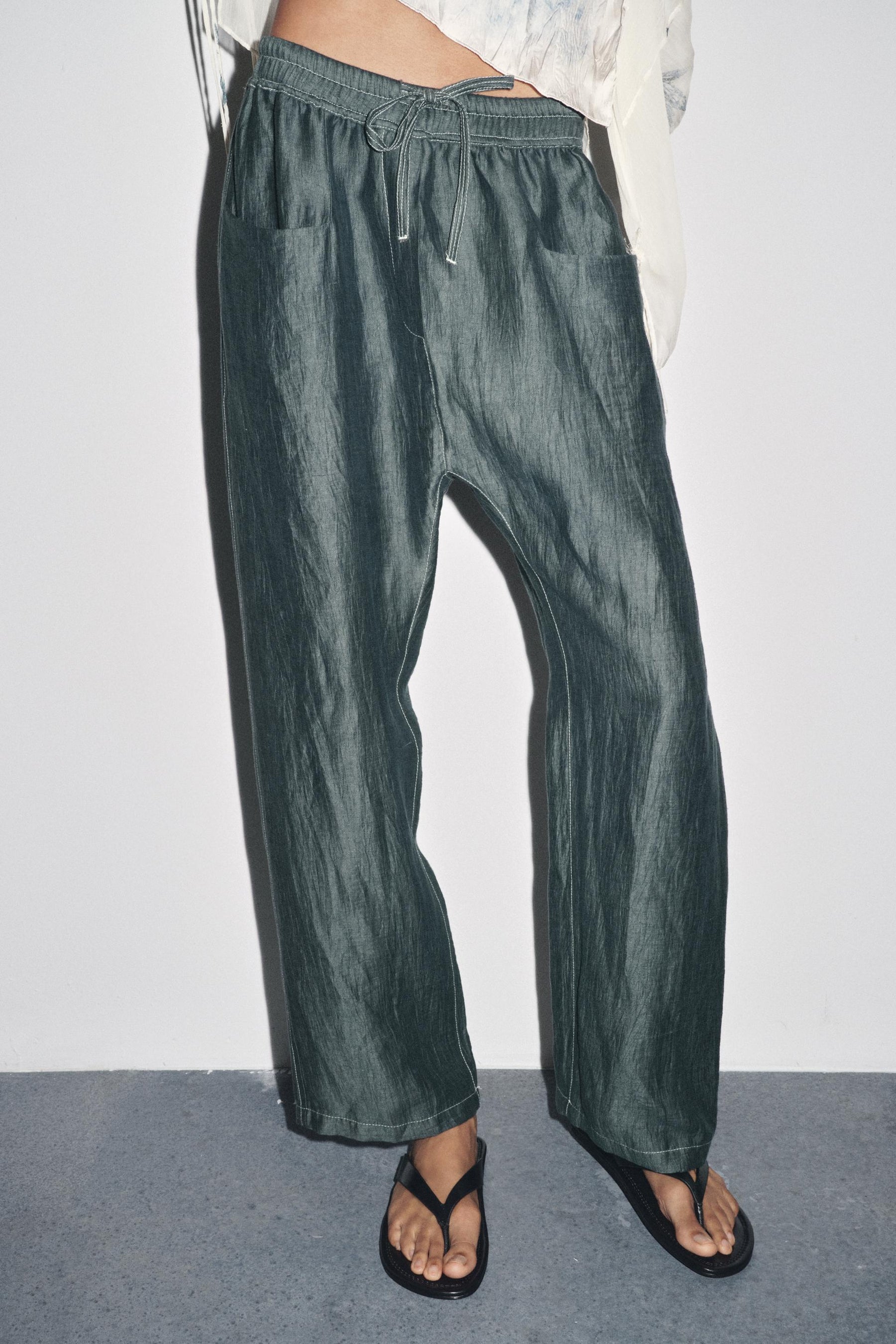 Linen blend contrast-stitched trousers
