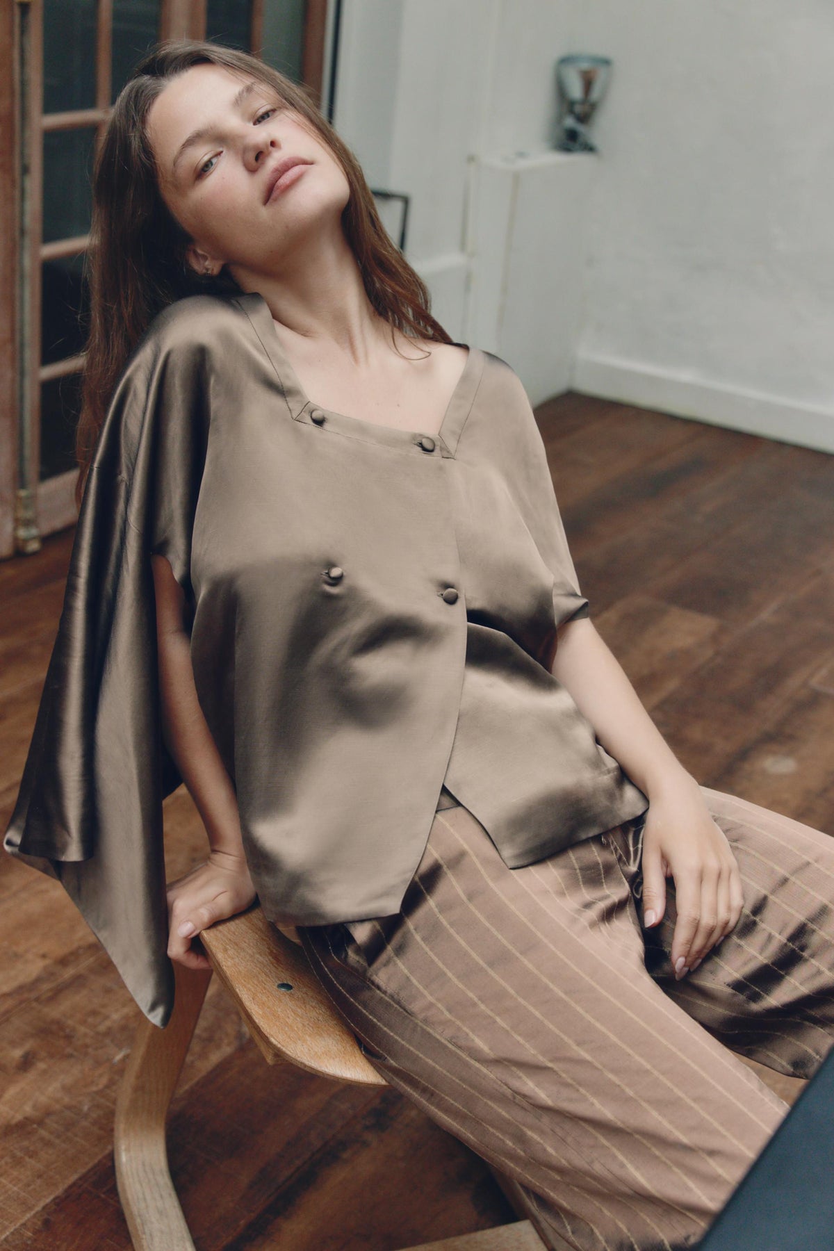 Linen Blend Wrapover Shirt