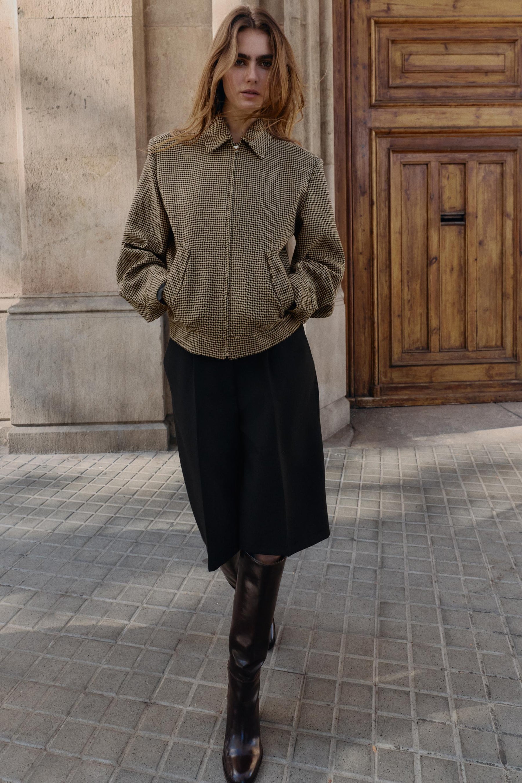 HOUNDSTOOTH BOMBER JACKET WITH SHOULDER PADS - Image 1