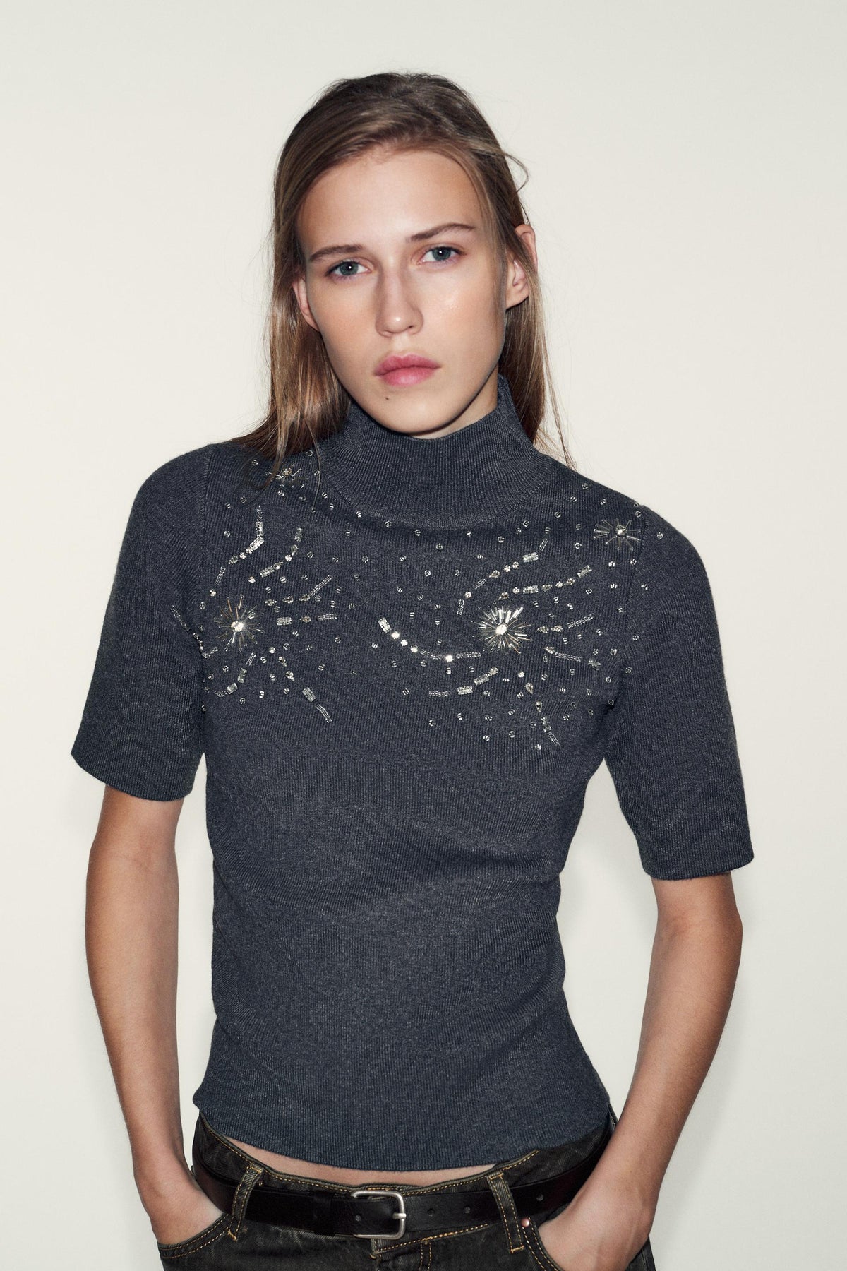 SHORT SLEEVE BEADED KNIT JUMPER - Image 2