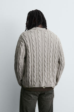 CABLE KNIT POLO SHIRT WITH DISTRESSED EFFECT - Image 3