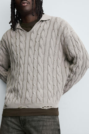 CABLE KNIT POLO SHIRT WITH DISTRESSED EFFECT - Image 6