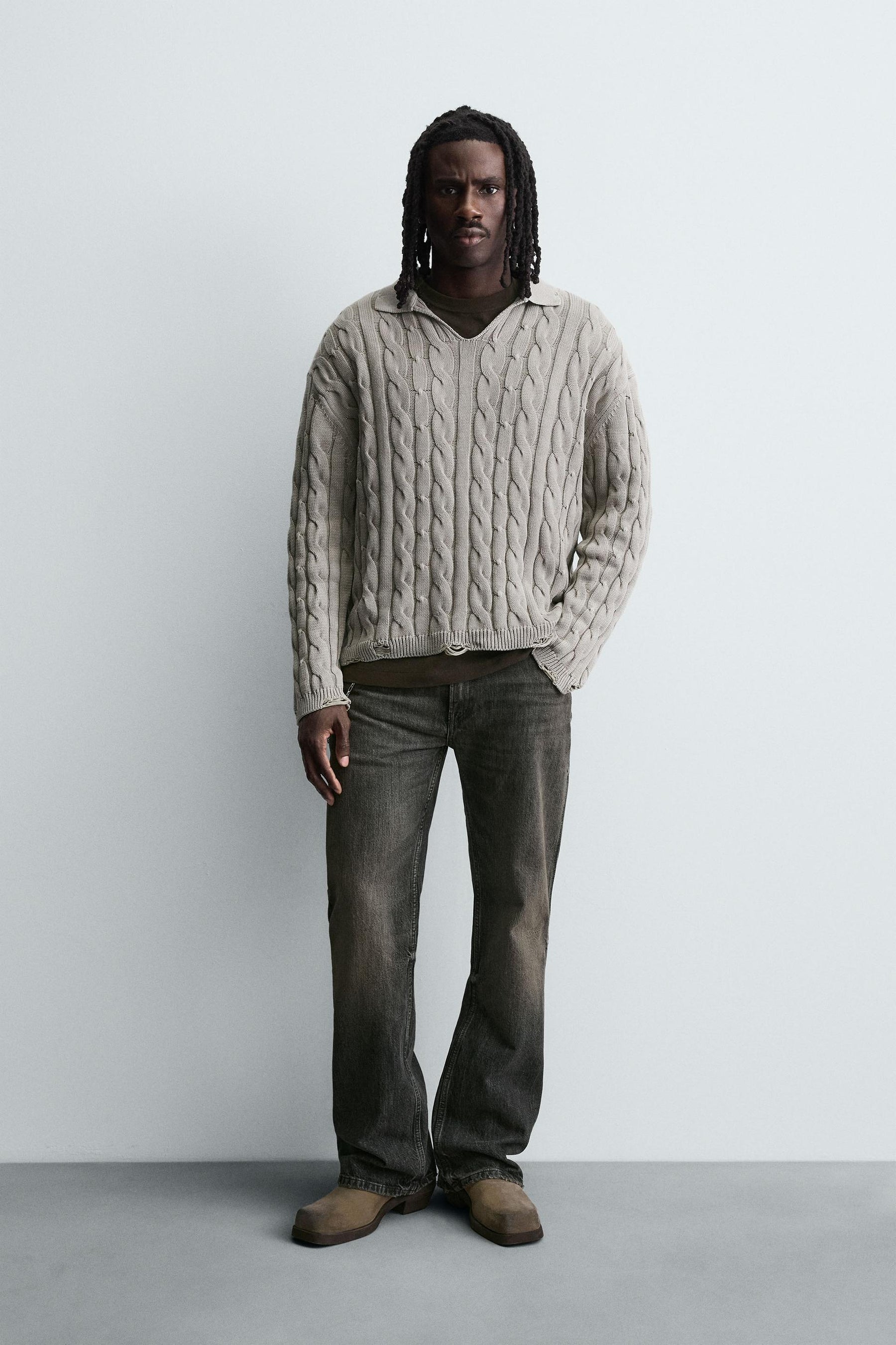 CABLE KNIT POLO SHIRT WITH DISTRESSED EFFECT - Image 1