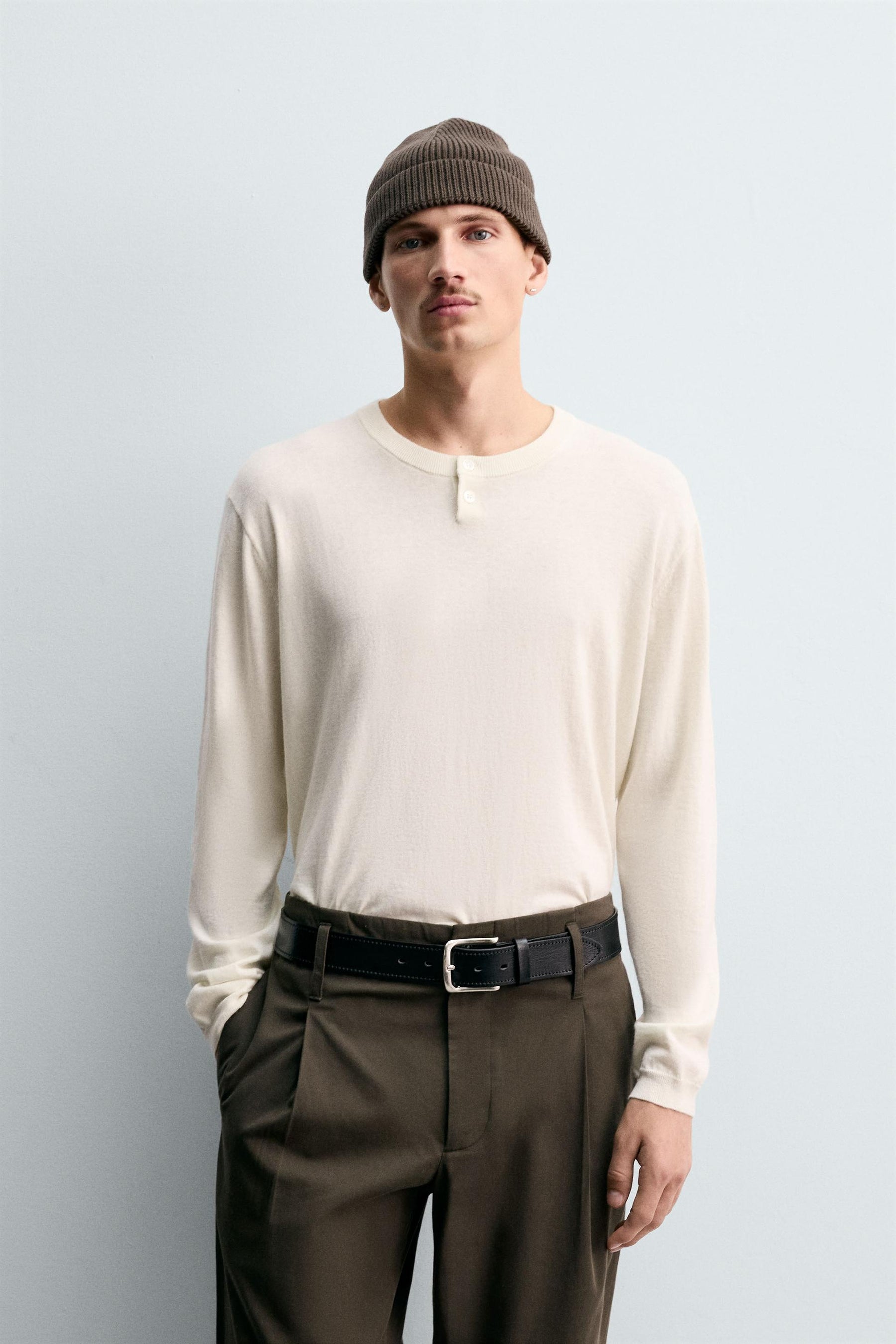 COTTON - CASHMERE BUTTONED NECK JUMPER - Image 2